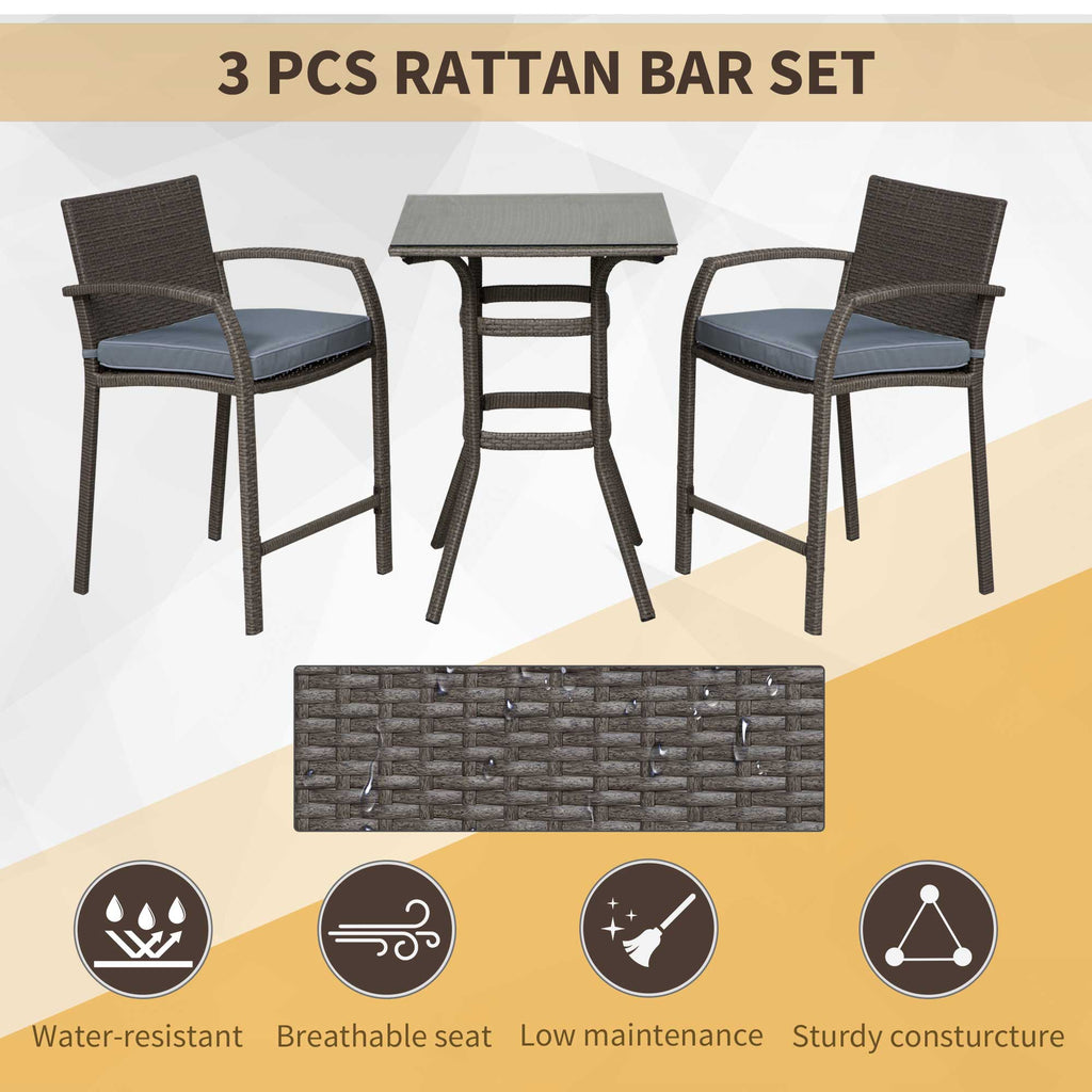 3 Pieces Patio Bar Set Wicker Garden Bistro Set Outdoor Furniture PE Rattan Table and Stools with Seat Cushion, Grey