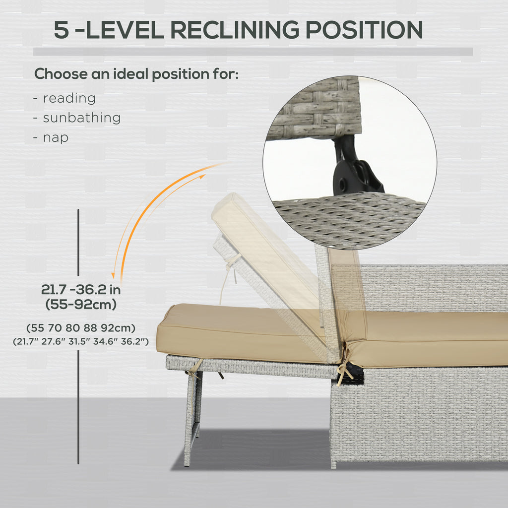 5PC Wicker Patio Lounger, Outdoor PE Rattan 5-level Adjustable Recliner Sofa Bed with Storage Side Table and Footstools, for Patio, Garden, Poolside, Khaki