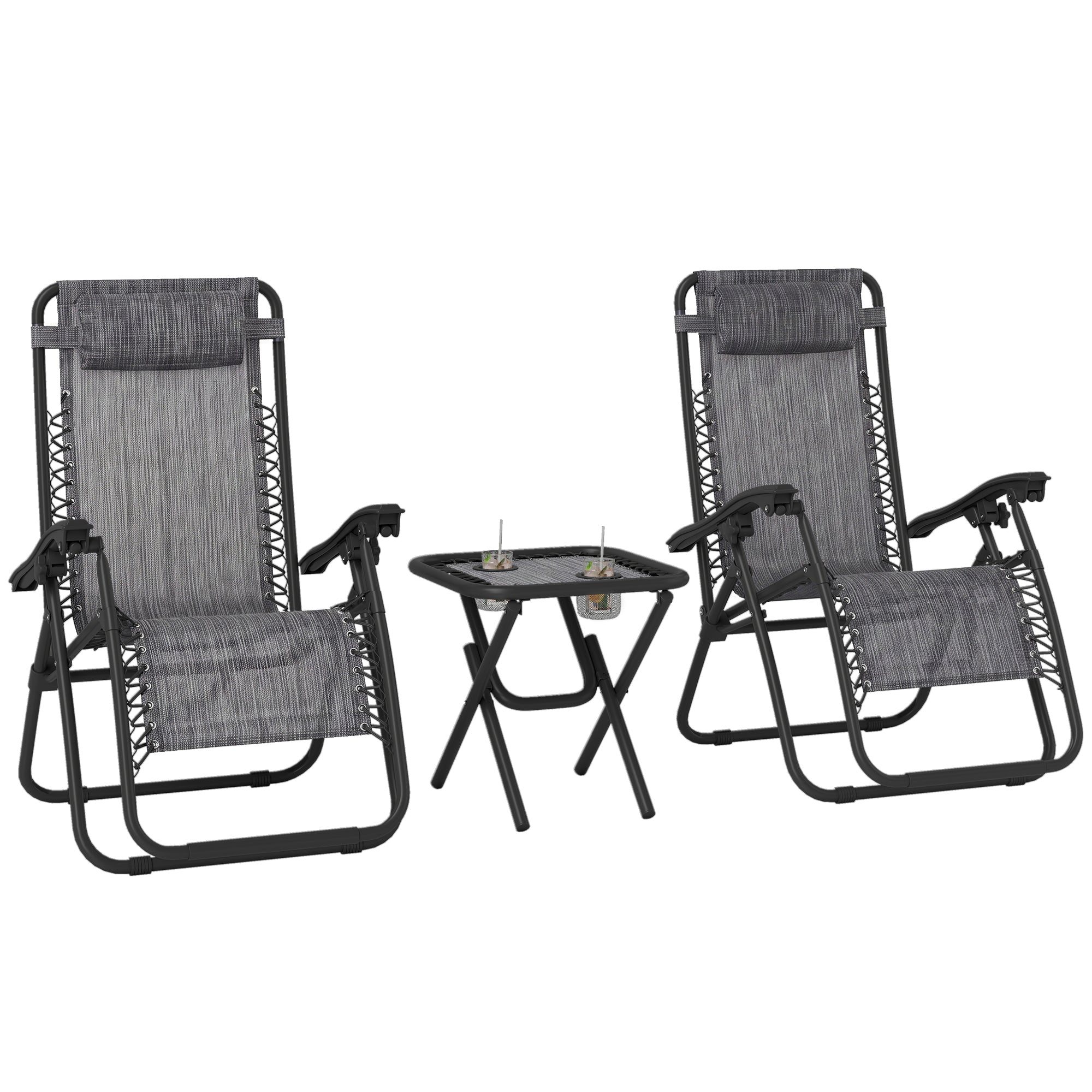 Zero Gravity Chair Set of 2 Patio Chair with Side Table Cupholders and Pillows for Pool, Backyard, Lawn, Dark Grey
