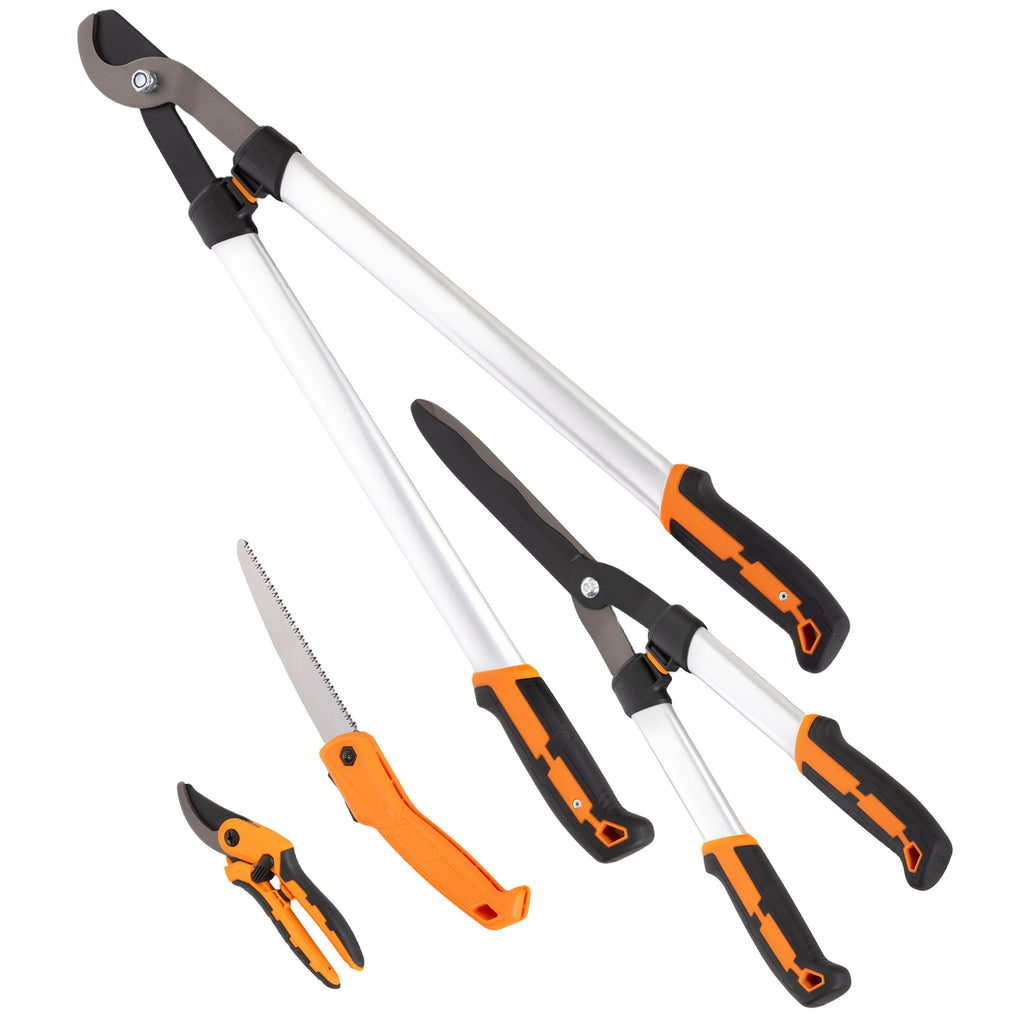 4 Pcs Pruning Shears Set with Hedge Shears, Loppers, Garden Secateurs and Folding Hand Saw with Aluminum Handle