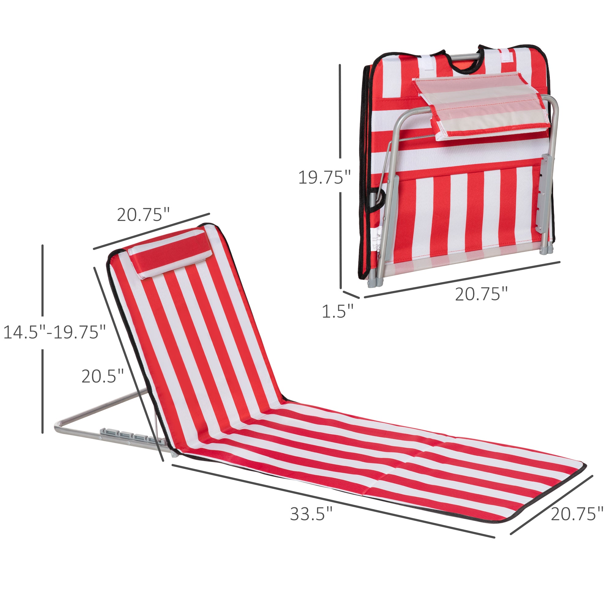 Set of 2 Beach Lounge Chair Sun Lounger, Folding Ground Beach Mat w/ Adjustable Back, Steel Frame, Head Pillow and Carry Bag for Backyard Lakeside, Red and White