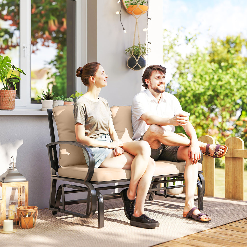 2-Person Outdoor Glider Chair, Patio Double Rocking Loveseat with Steel Frame and Cushions for Backyard, Garden and Porch, Khaki