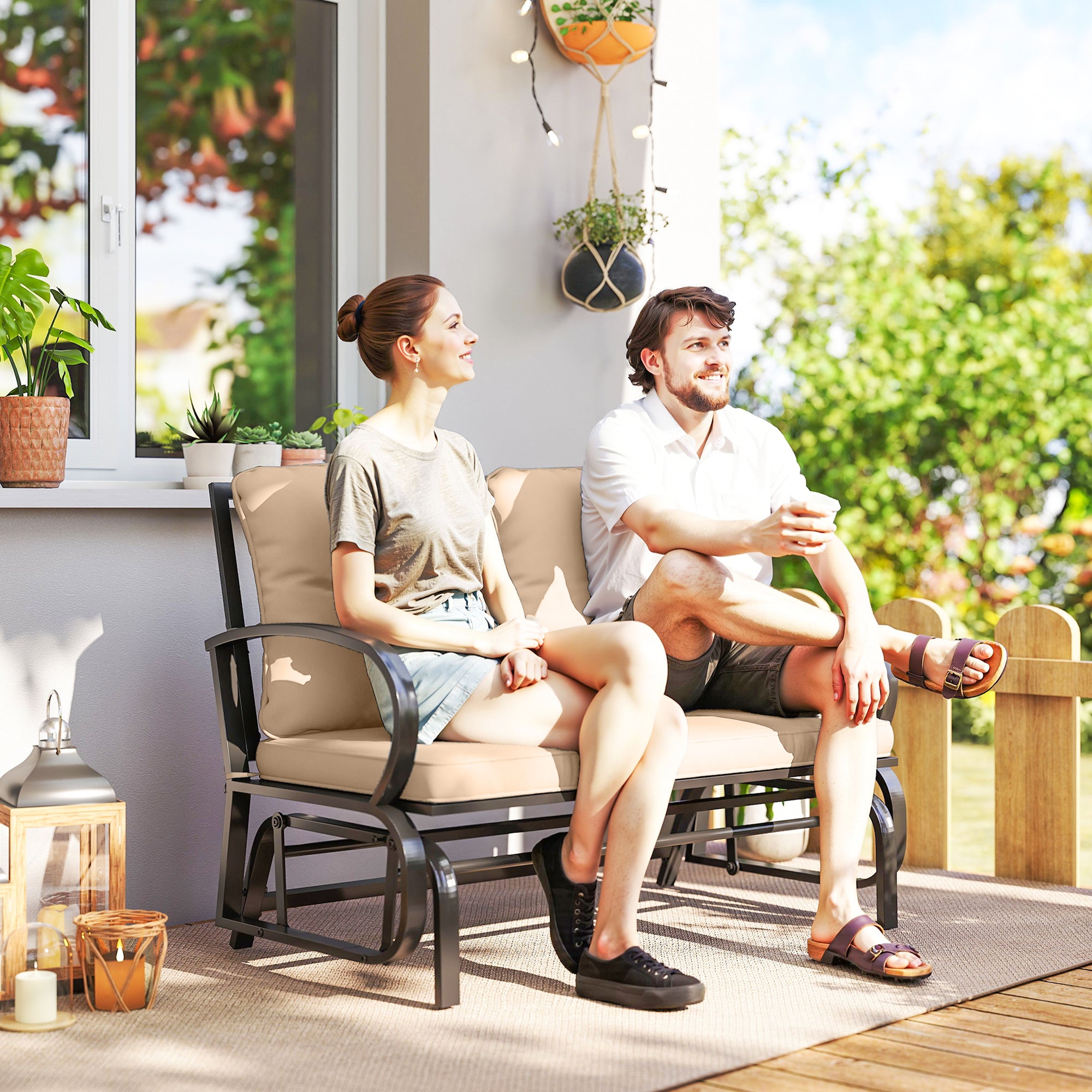 2-Person Outdoor Glider Chair, Patio Double Rocking Loveseat with Steel Frame and Cushions for Backyard, Garden and Porch, Khaki