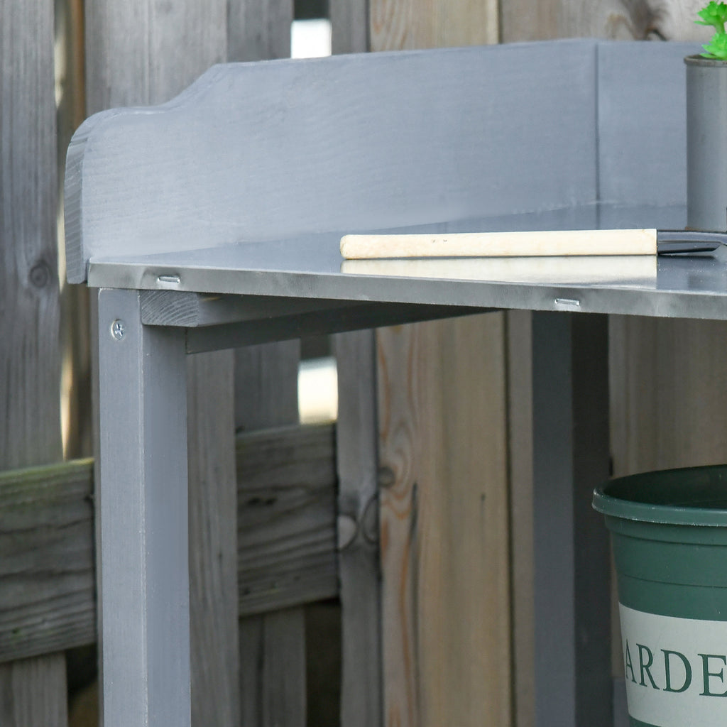 Outdoor Garden Wooden Potting Bench Work Station Table Tool Storage Shelf w/ Hooks, Grey