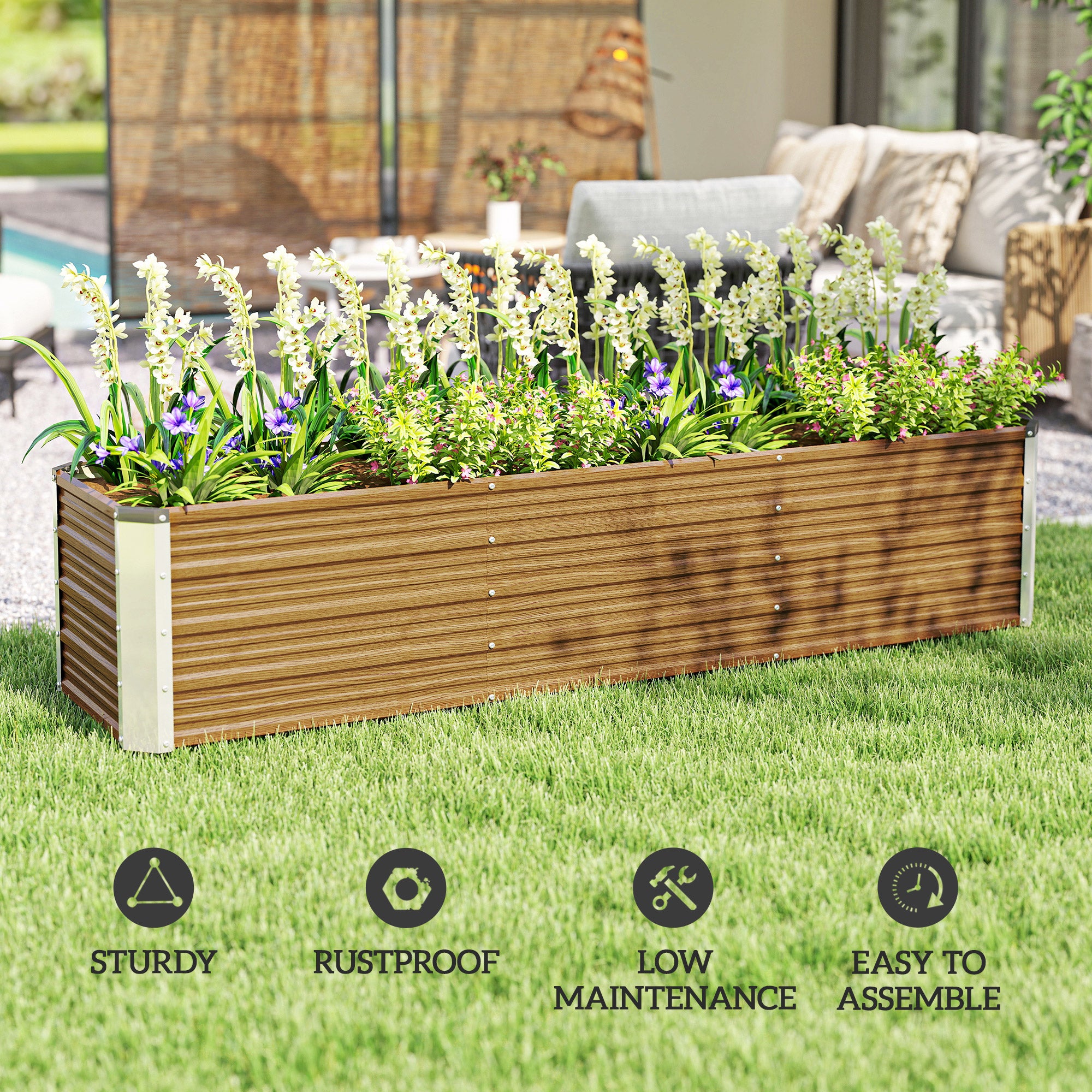 6' x 1.5' x 1.3' Galvanized Raised Garden Bed, Elevated Large Metal Planter Box w/ Install Gloves, Brown Wood Effect