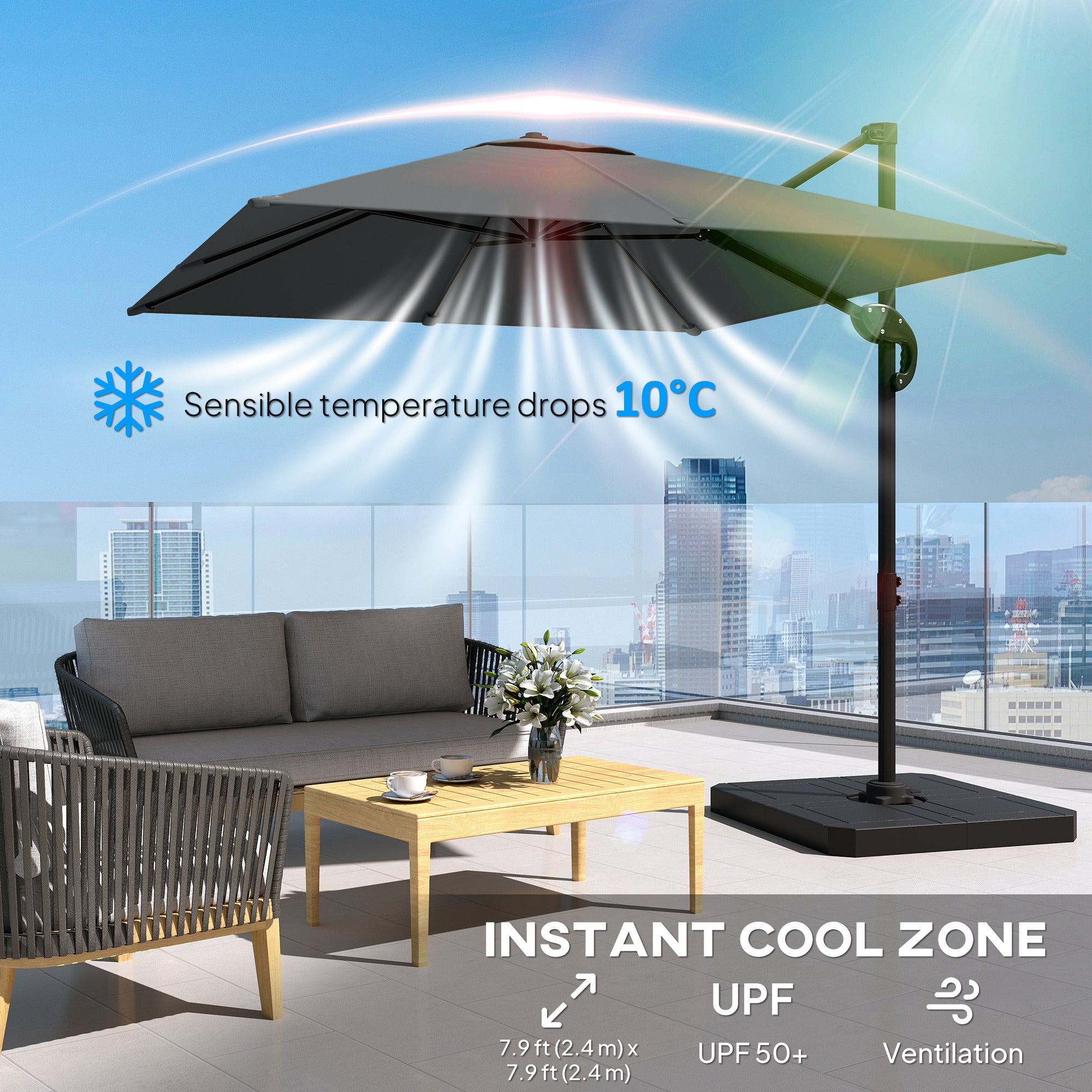 8' x 8' Offset Cantilever Patio Umbrella with Base Weights, UPF50+ Cantilever Parasol with 360Â° Rotation, Dark Grey