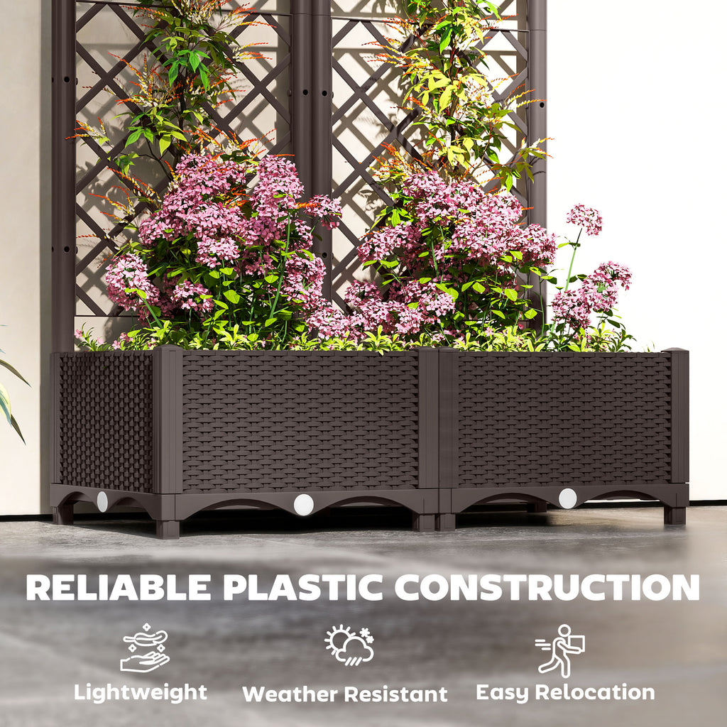 Raised Garden Bed with Trellis, Plastic Raised Flower Bed with Drainage Holes and Drain Plugs