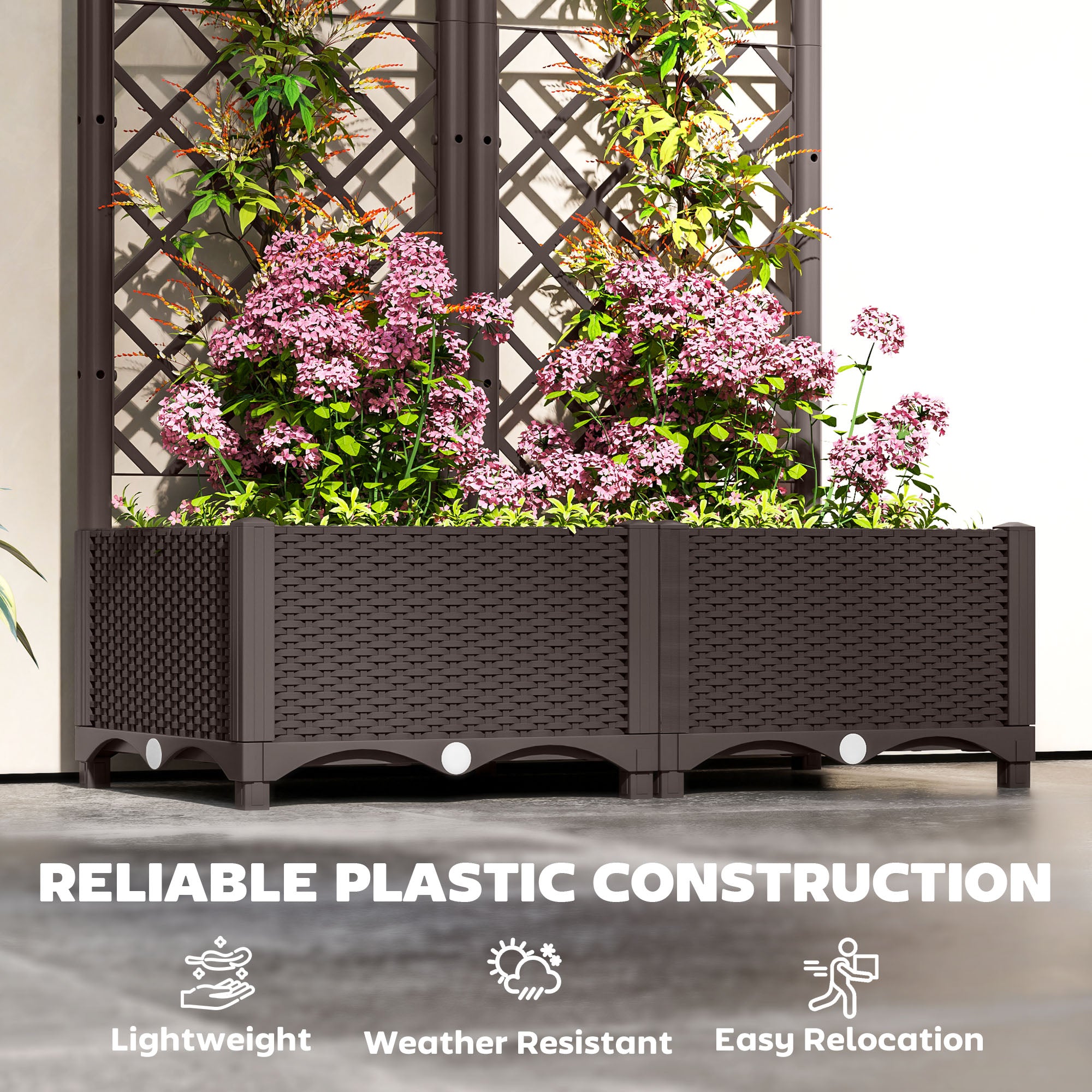 Raised Garden Bed with Trellis, Plastic Raised Flower Bed with Drainage Holes and Drain Plugs