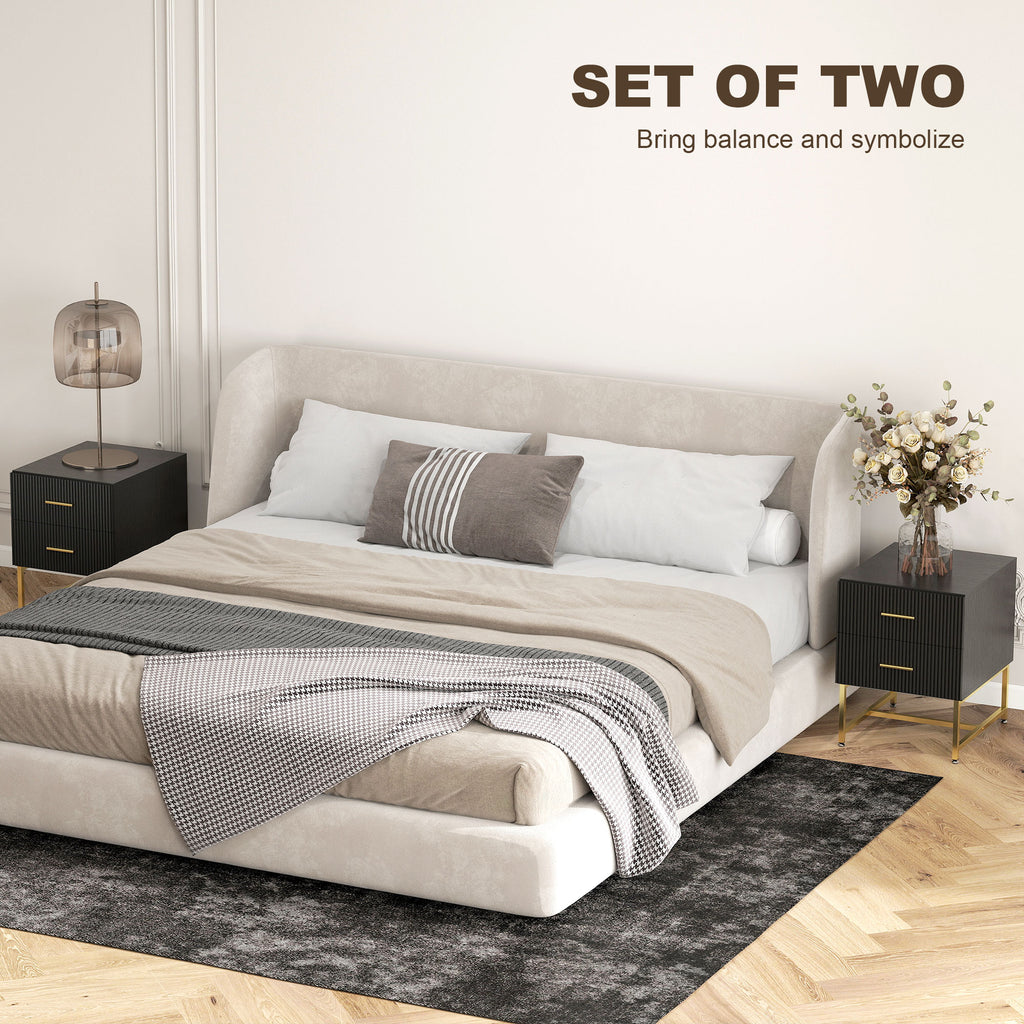2 Pieces Nightstands with Storage, Modern Bedside Tables with 2 Fluted Drawers and Gold Legs for Bedroom, Black