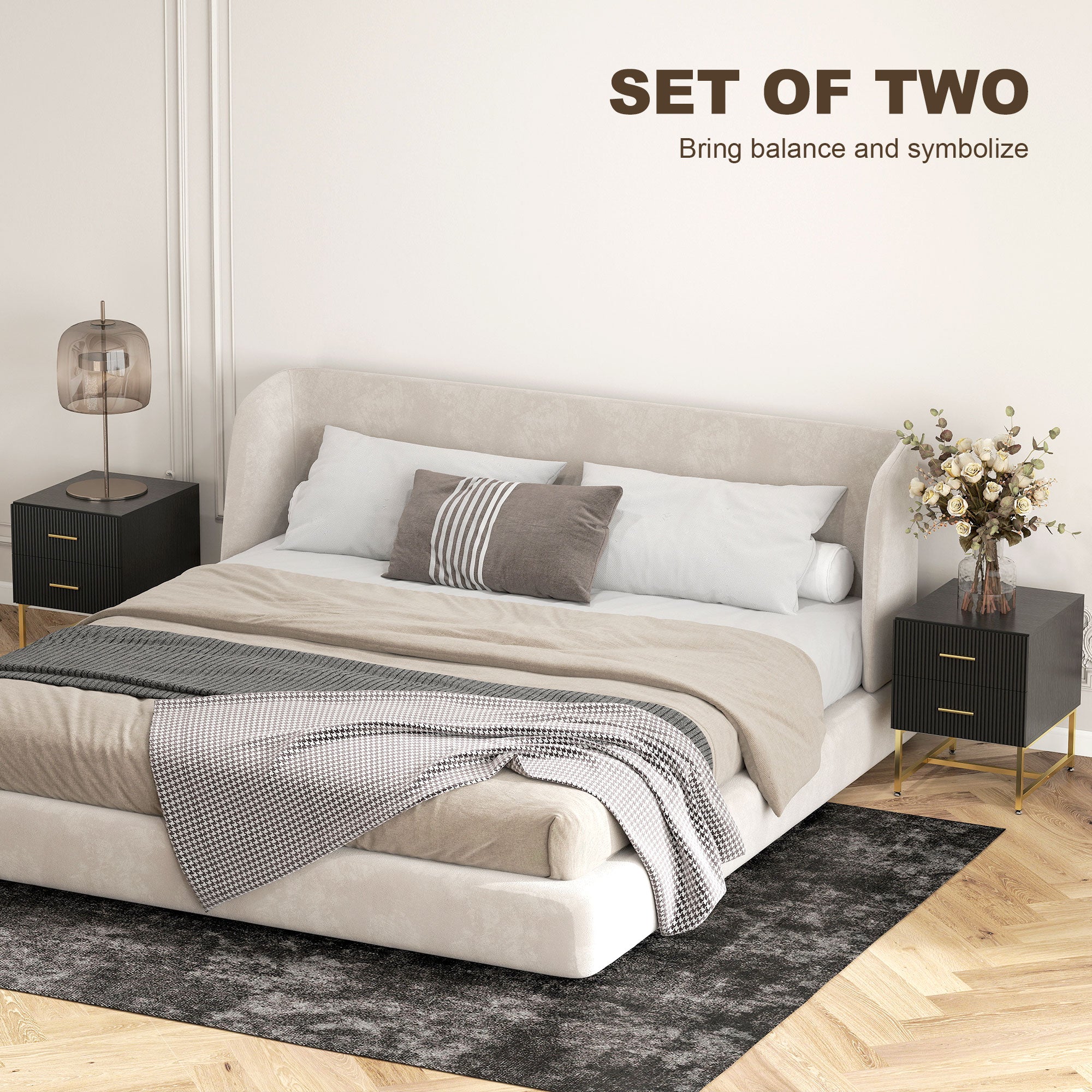 2 Pieces Nightstands with Storage, Modern Bedside Tables with 2 Fluted Drawers and Gold Legs for Bedroom, Black
