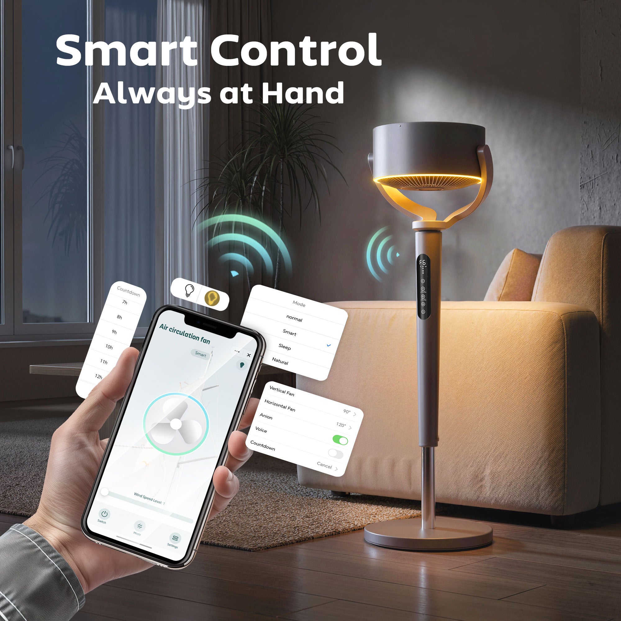 20dB Silent Standing Fan, Oscillating Fan with 12 Speeds, LED Light, WiFi & Remote Control, 12H Timer