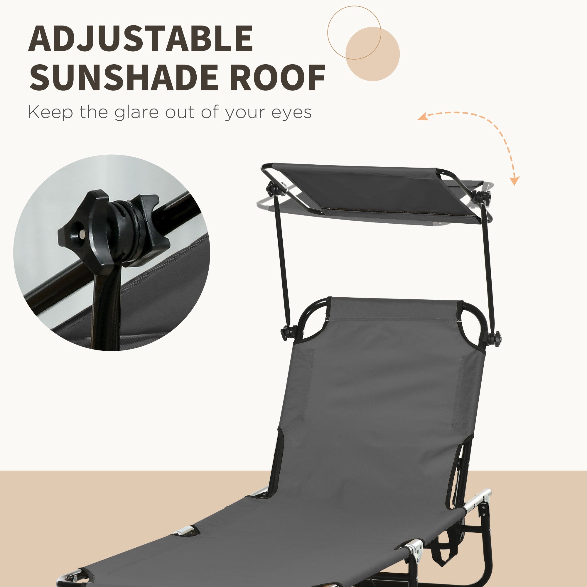 2 Piece Folding Outdoor Chaise Lounges, Pool Tanning Chairs with Reclining Back, Sunshade for Beach, Patio, Dark Grey