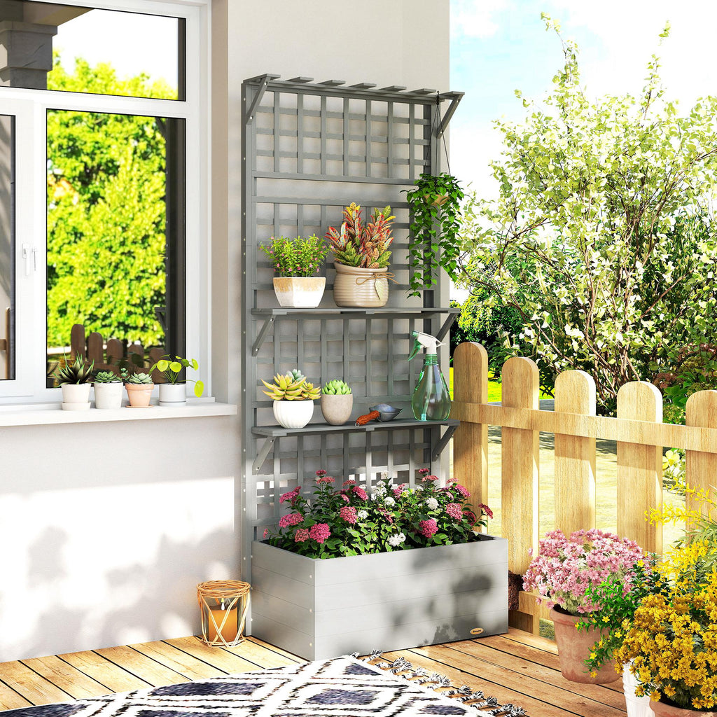 Wooden Raised Garden Bed with Trellis and Roof, Elevated Planter Box with 2 Shelves, Drainage Hole and Liner, Grey