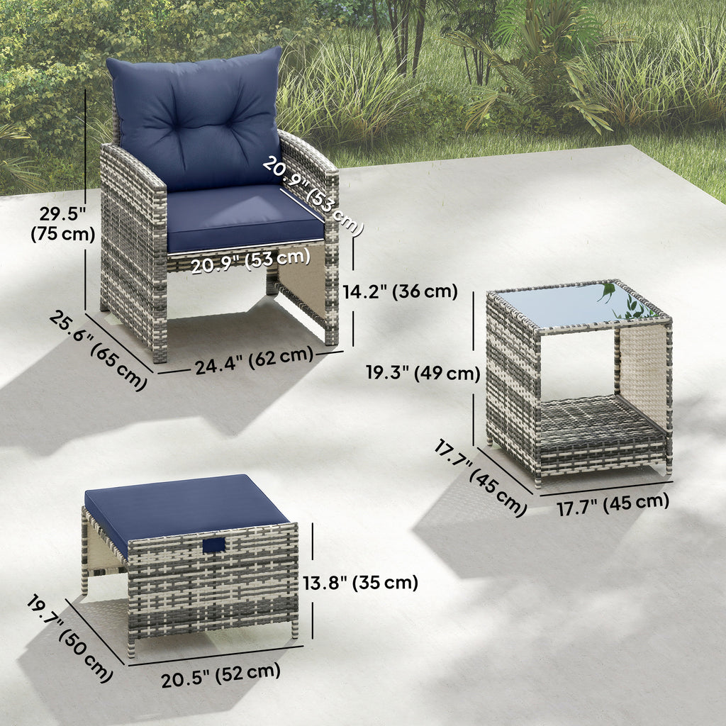 5 Piece Patio Furniture Set, Wicker Patio Chairs with Ottomans, 2-Tier Glass Coffee Table and Cushions, Grey/Dark Blue