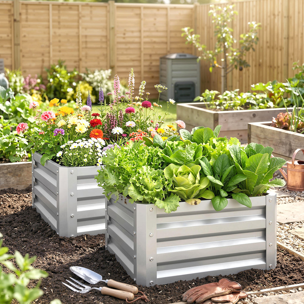 Set of 2 Raised Garden Bed, 2 x 2 x 1ft Steel Planters for Outdoor Plants, Elevated Planter Box, Easy-to-assemble, for Flowers Herbs and Vegetables, Silver