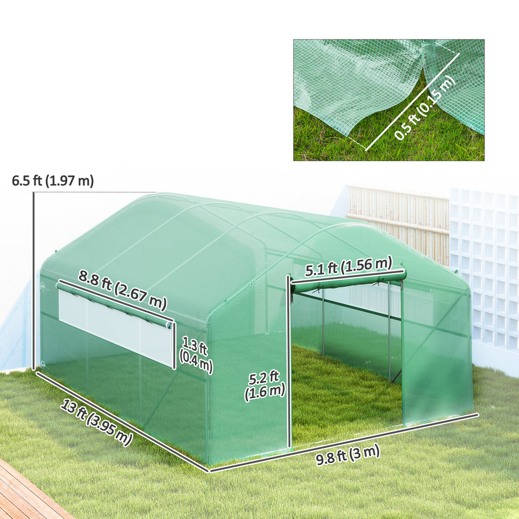 Walk-in Tunnel Greenhouse with Galvanized Steel Frame, Doors & Windows, Wind Resistant, Garden Planting Warm House, 13' x 10' x 6.5' , Green