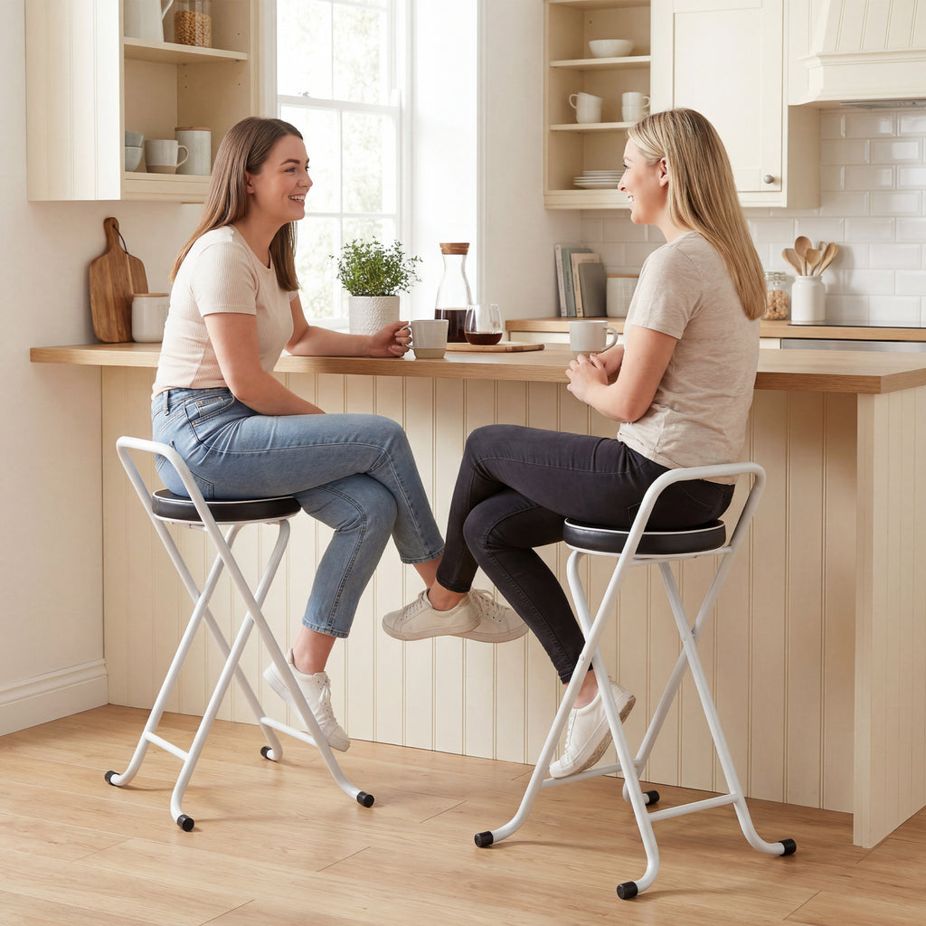 Foldable Bar Stools Set of 2, Folding Kitchen Chairs with PU Cushioned Seat, Footrest, Black