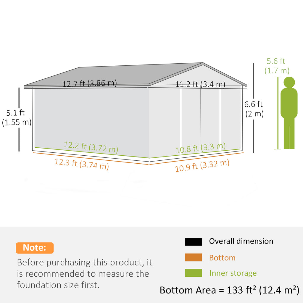 11' x 13' Outdoor Metal Storage Shed Large Tool House with Weatherproof Construction, Vent, Foundation Kit, Brown