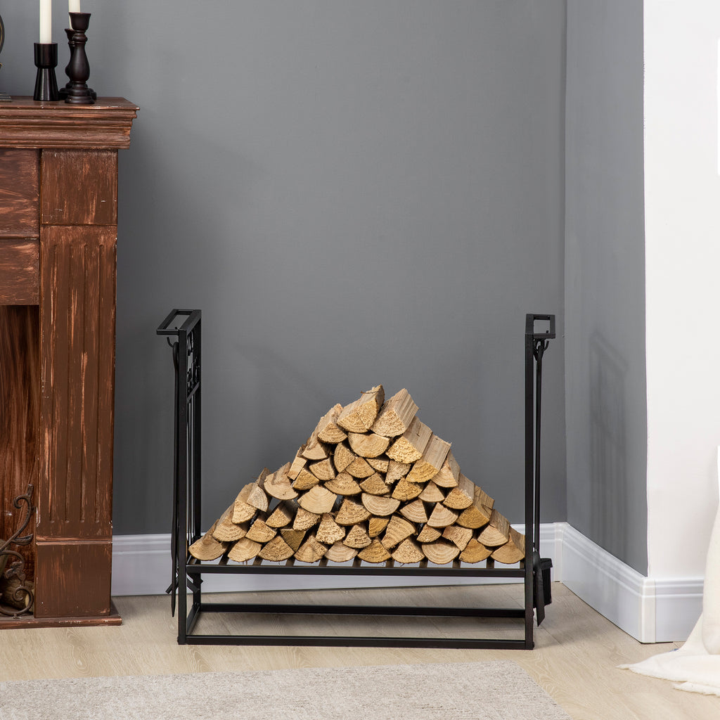 29.5" x 11.75" x 23.5" Heavy Duty Firewood Wood Log Rack Vintage Design Firewood Storage Shelf w/ 4 Tools, Black