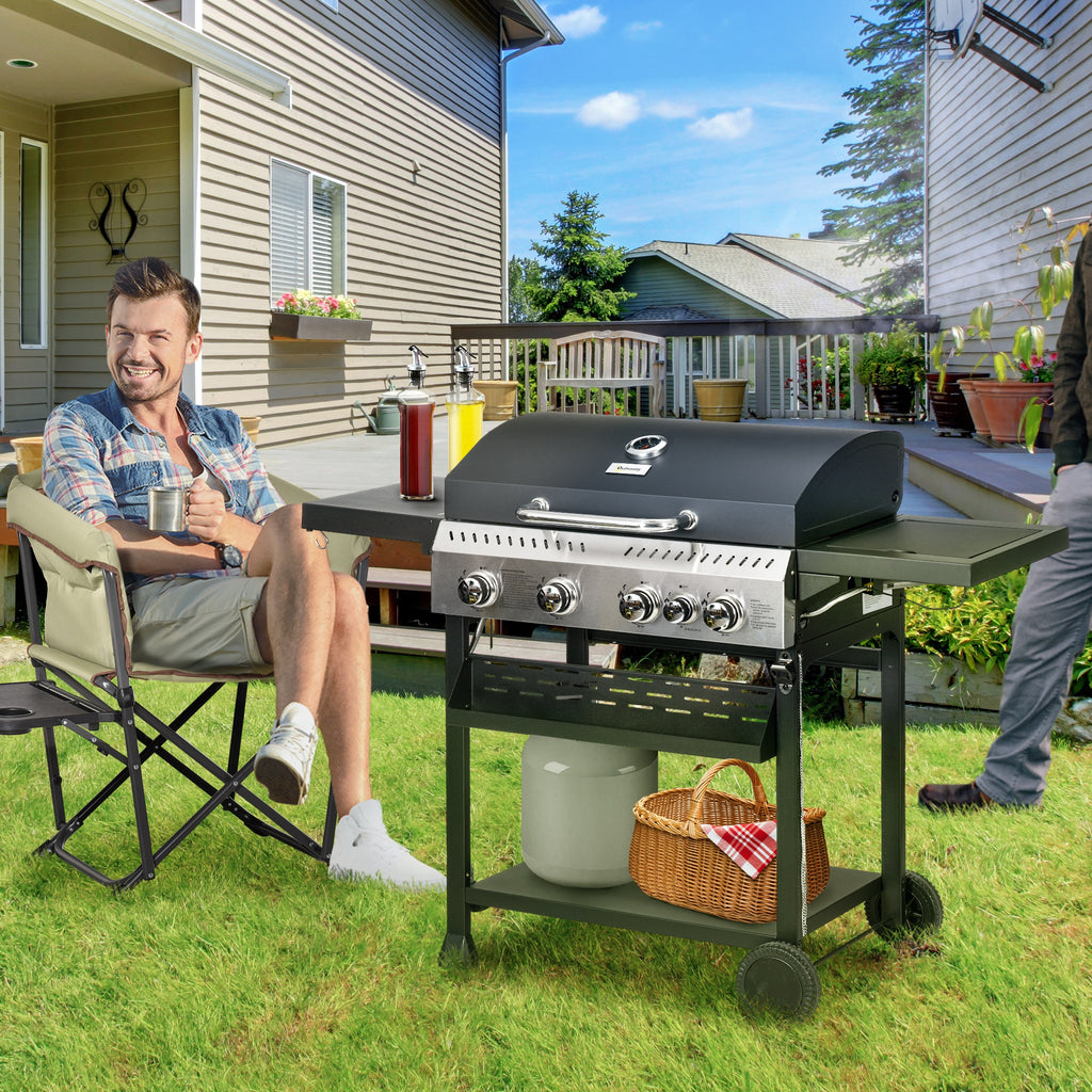40,000 BTU Propane Gas Grill BBQ Cart with 4 Main Burners, 1 Side Burner, with Warming Rack, Side Prep Tables, Black
