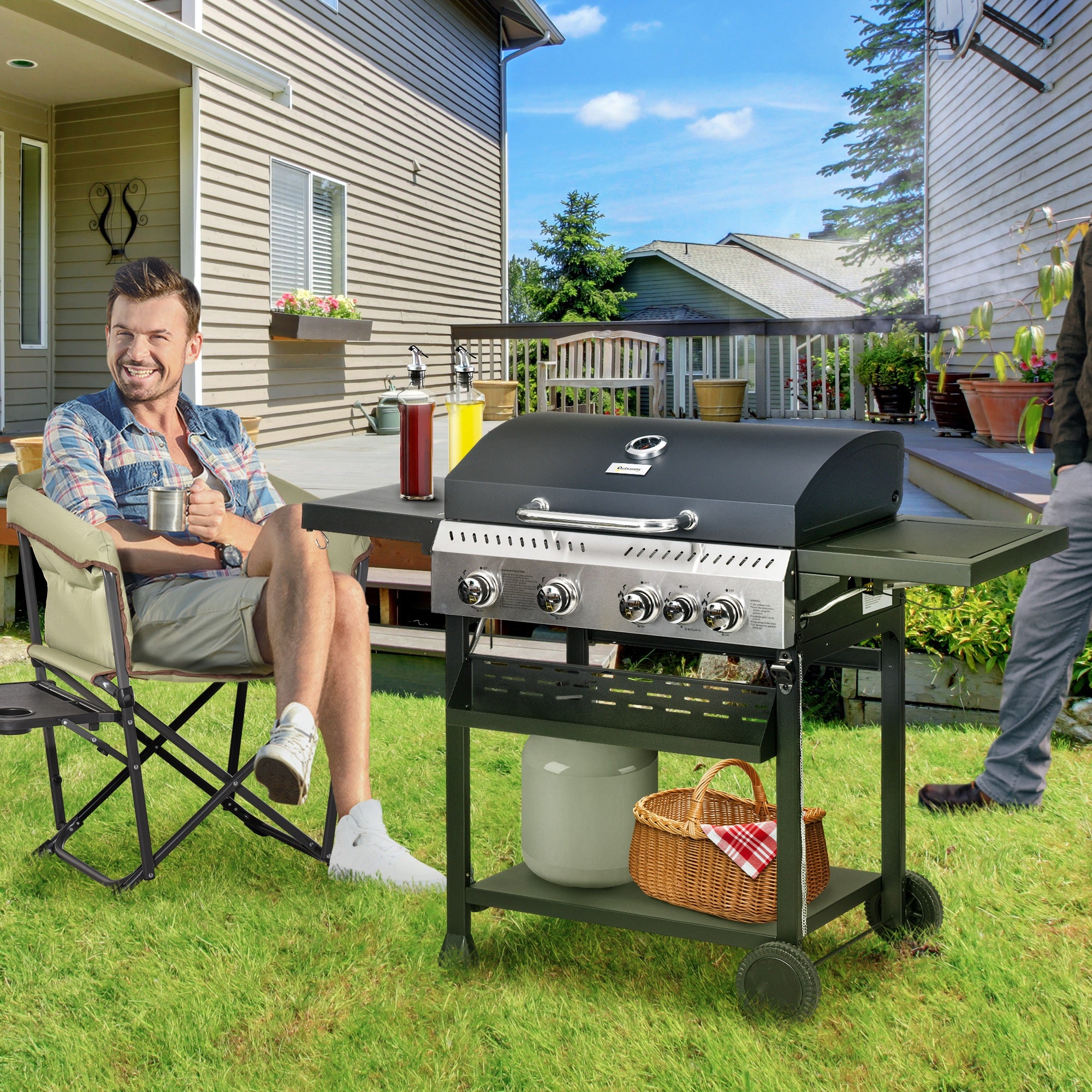 40,000 BTU Propane Gas Grill BBQ Cart with 4 Main Burners, 1 Side Burner, with Warming Rack, Side Prep Tables, Black