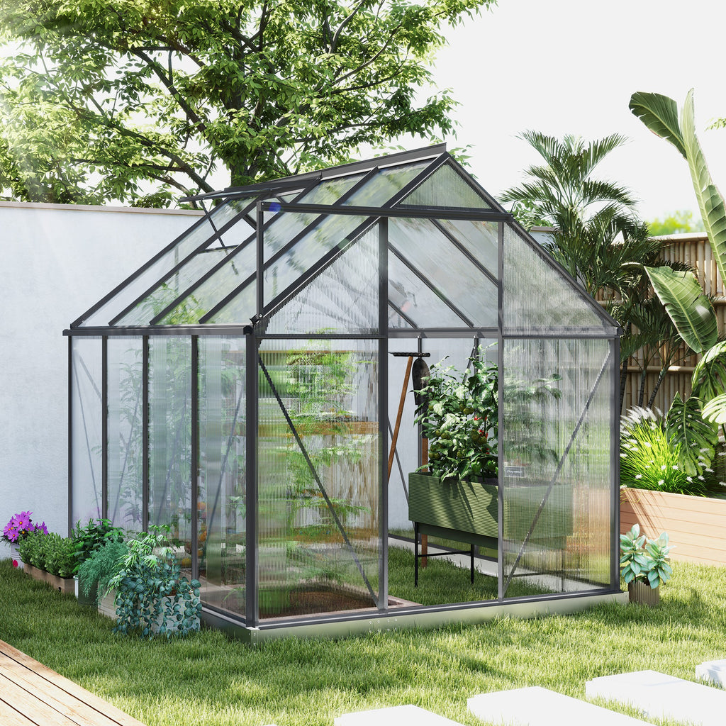 6' x 8' x 6.5' Polycarbonate Greenhouse, Walk-in Green House with Adjustable Roof Vent Galvanized Base Sliding Door Rain Gutter for Outdoor Garden Backyard, Charcoal Grey