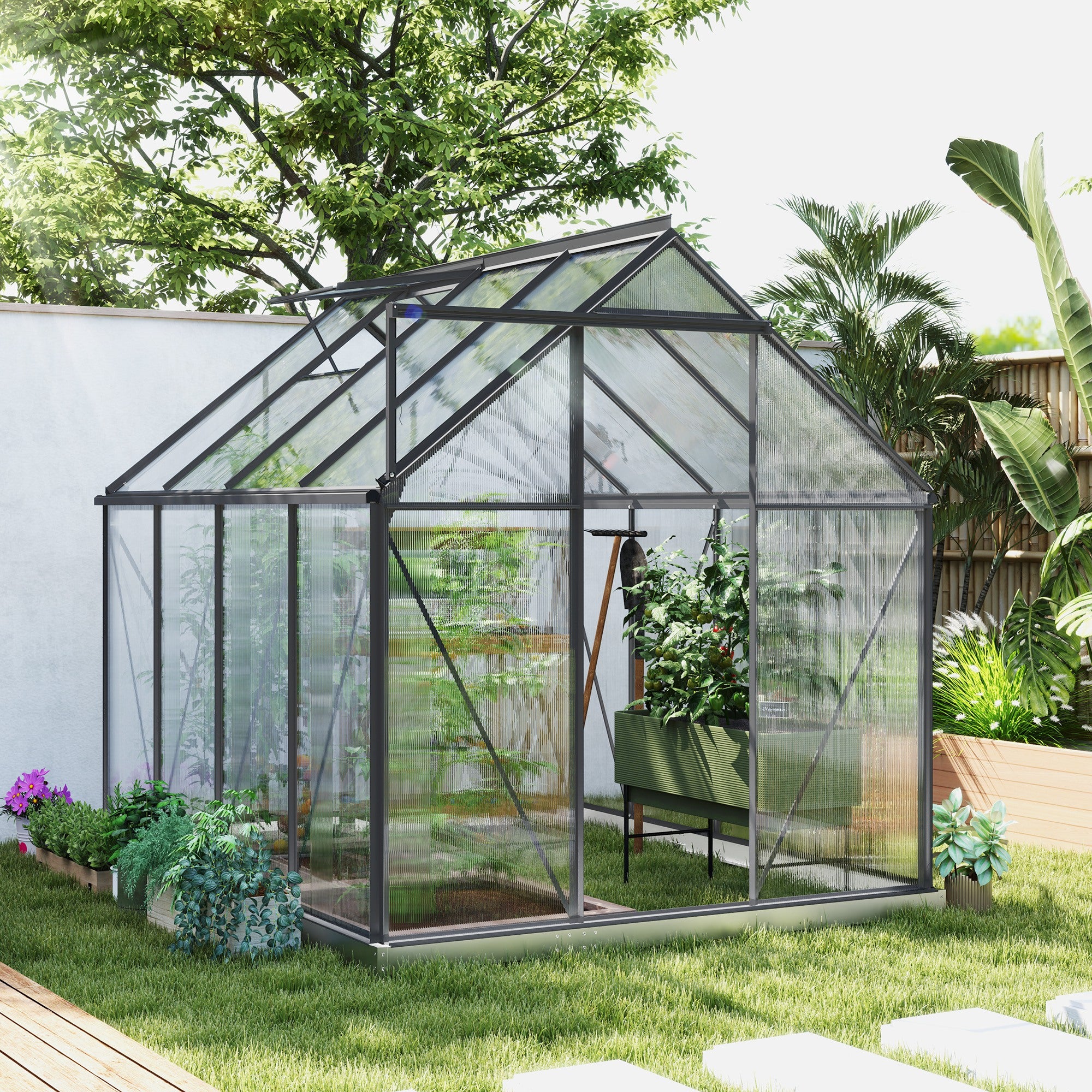 6' x 8' x 6.5' Polycarbonate Greenhouse, Walk-in Green House with Adjustable Roof Vent Galvanized Base Sliding Door Rain Gutter for Outdoor Garden Backyard, Charcoal Grey