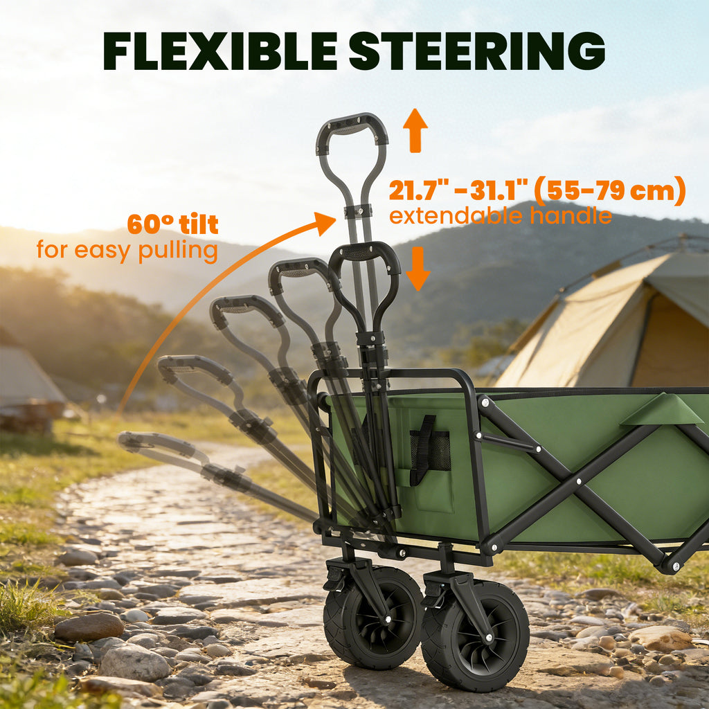 130L Folding Garden Cart with Wheels, Heavy-Duty Collapsible Wagon with Brakes, Green