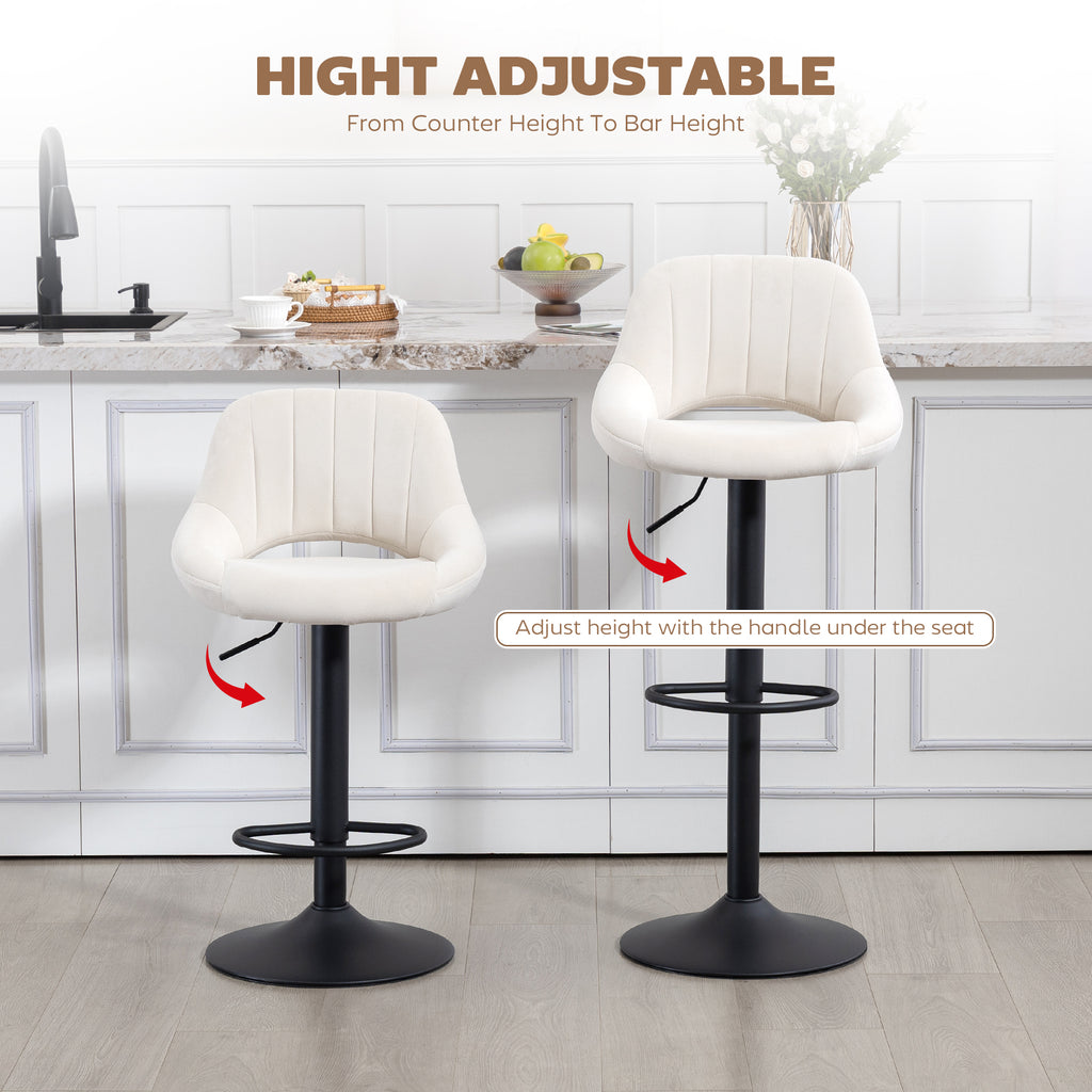 Bar Stools Set of 2, Swivel Counter Height Barstools with Adjustable Height and Cutout Back, Velvet Upholstered Bar Chairs with Round Metal Base and Footrest, Cream