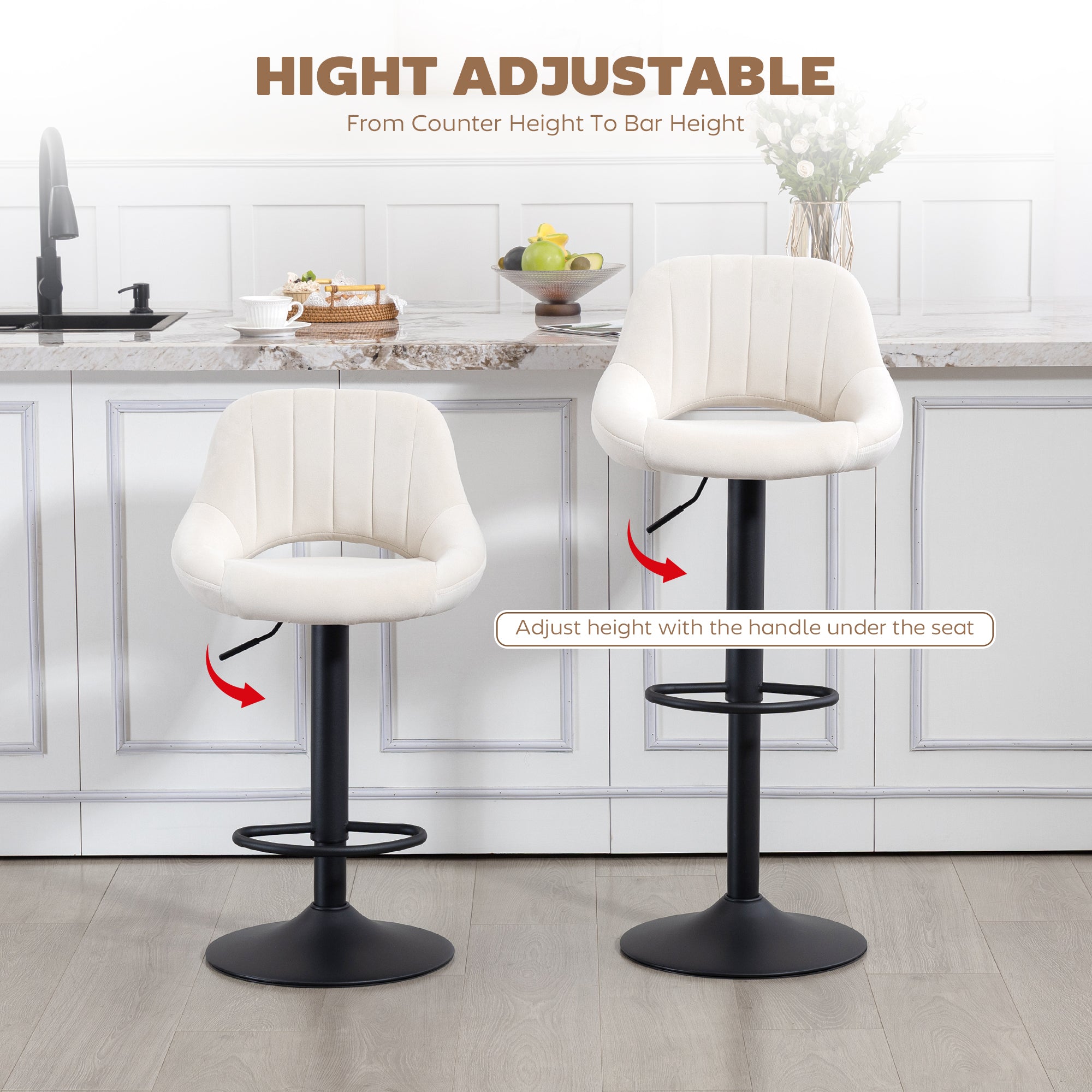Bar Stools Set of 2, Swivel Counter Height Barstools with Adjustable Height and Cutout Back, Velvet Upholstered Bar Chairs with Round Metal Base and Footrest, Cream