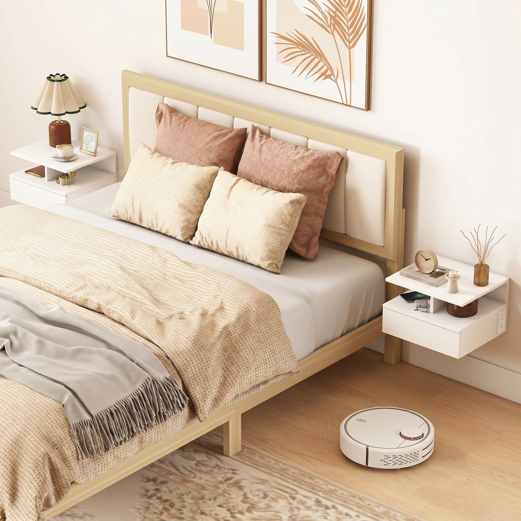 Floating Nightstand Set of 2, Wall Mounted Bedside Table with with Power Outlets, Drawer and Shelf, White