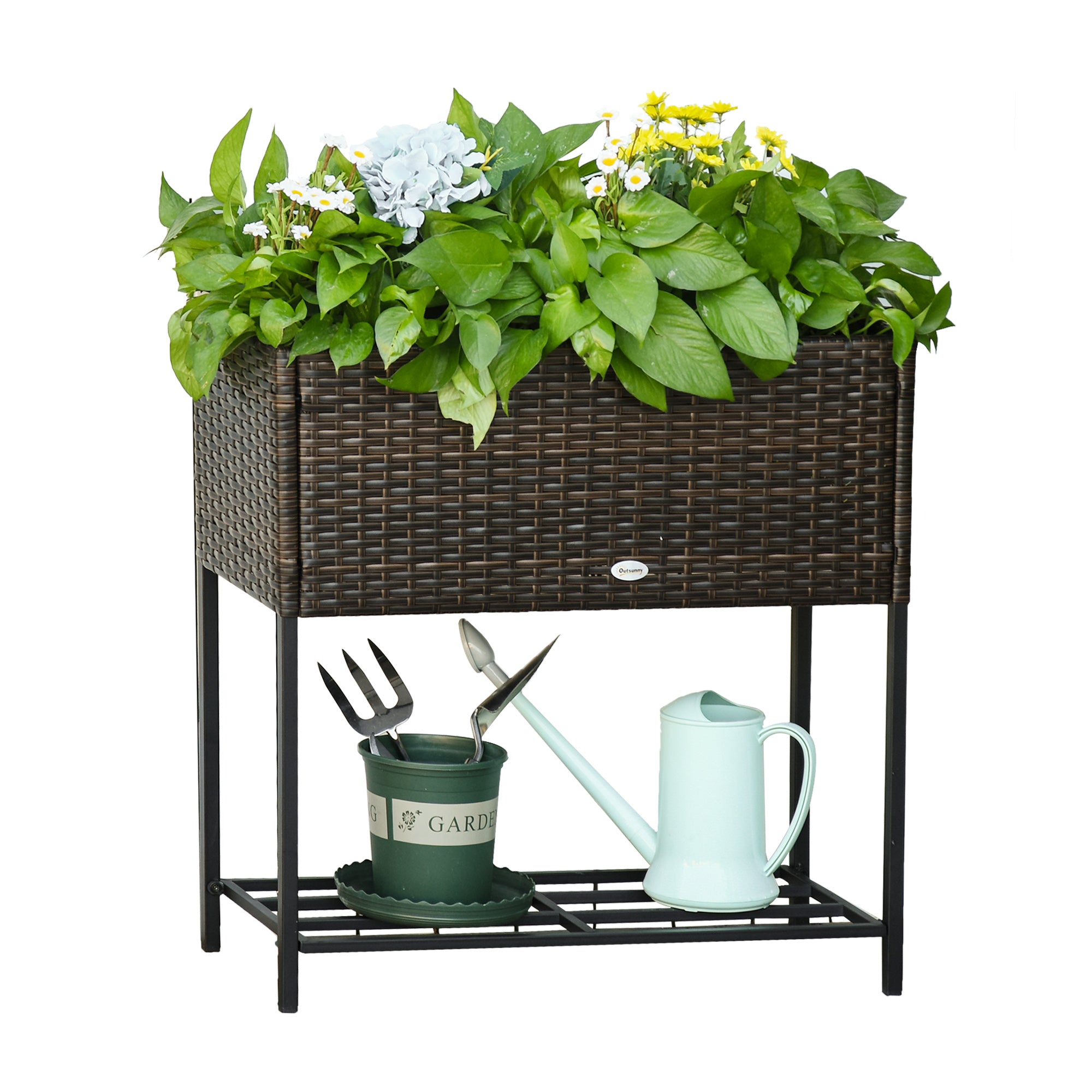 Rattan Raised Garden Boxes, Elevated Flower Beds with Storage Shelf for Herbs, Flowers, Vegetables, Brown