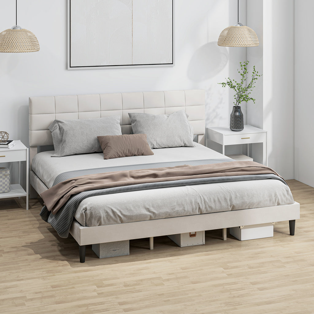 Modern king size platform bed in cream with durable wood slat system