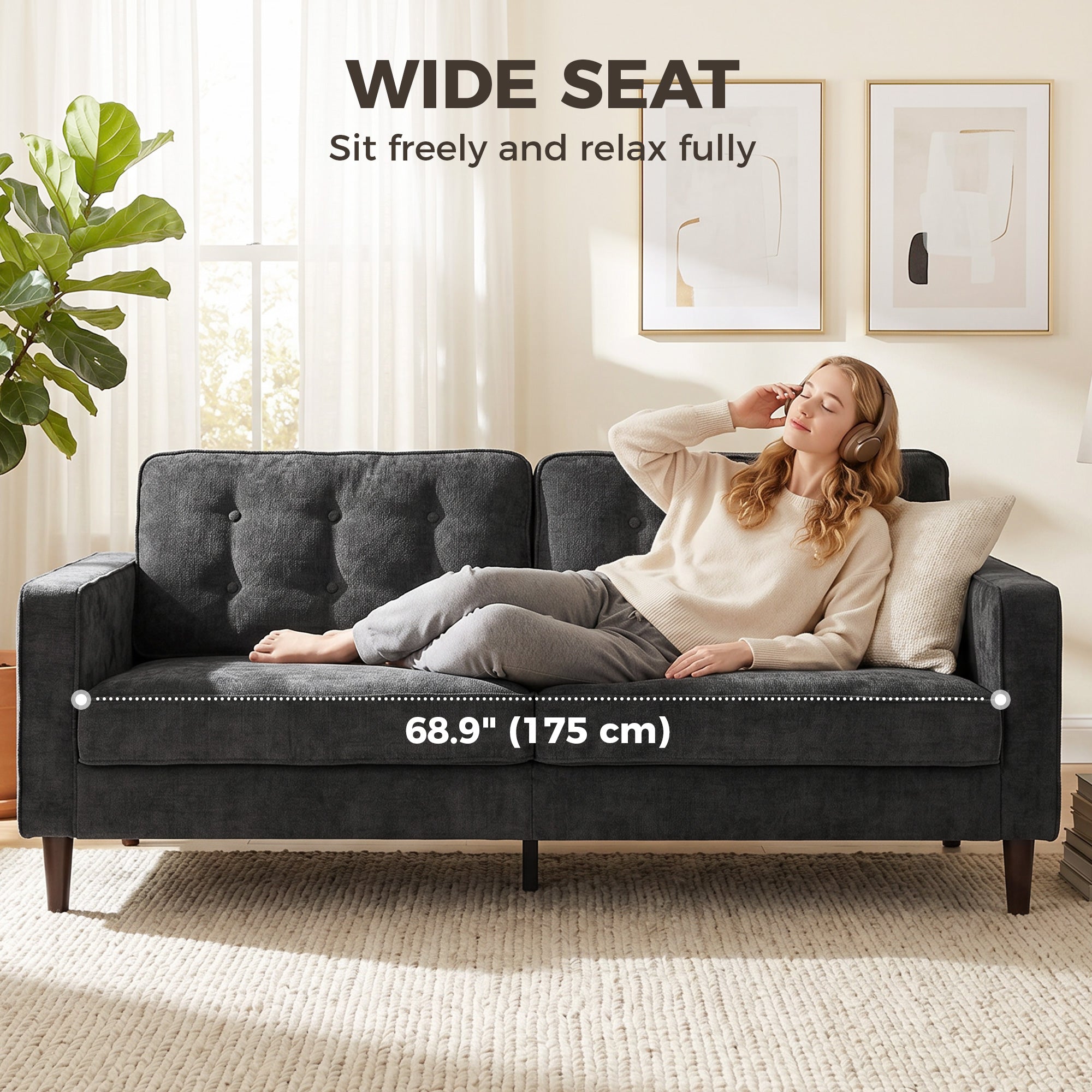 3 Seater Sofa Upholstered with Padded Cushion Modern Button Tufted Couch with Wood Legs, Dark Grey