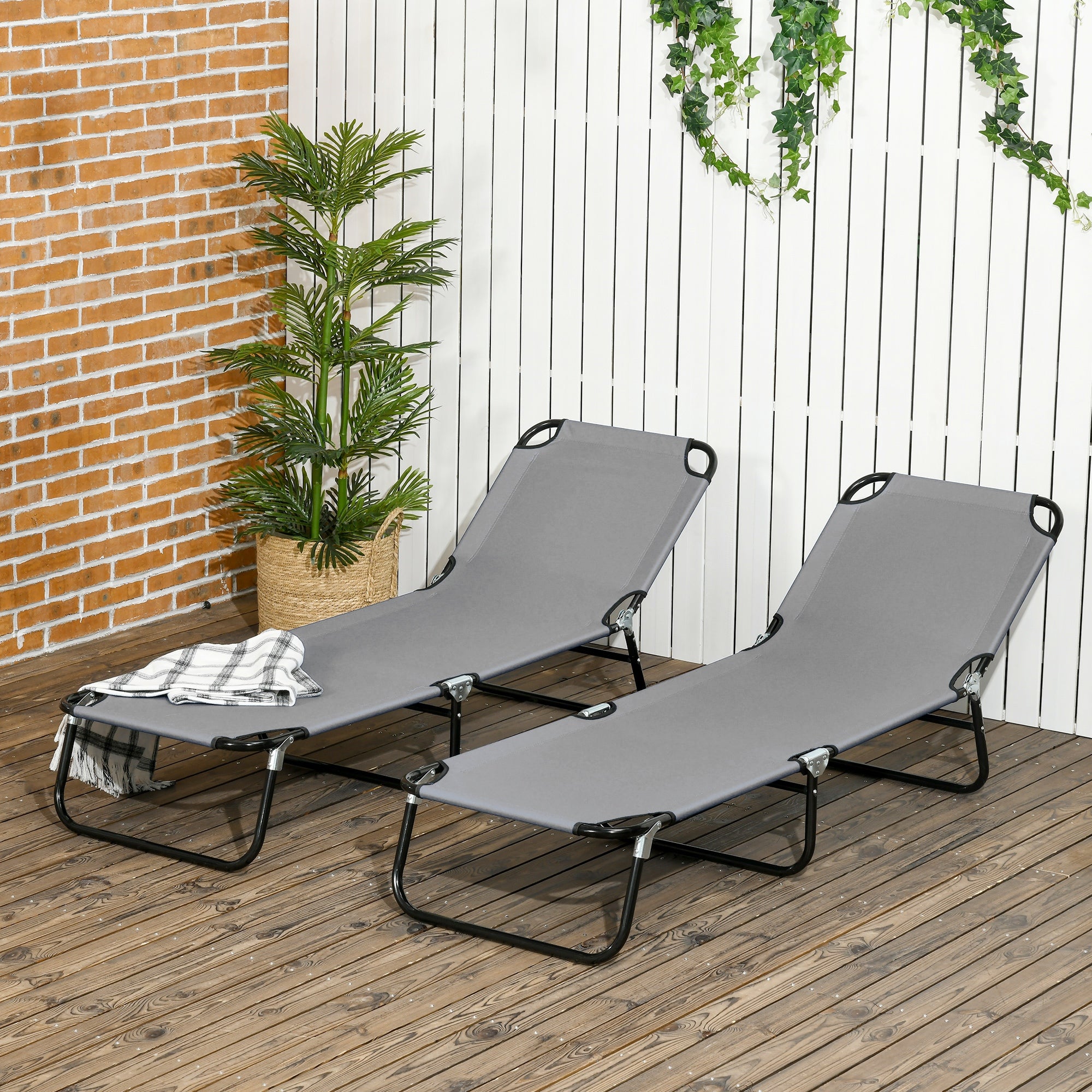 Set of 2 Folding Outdoor Lounge Chair, Sun Tanning Chairs with Reclining Back, Breathable Mesh for Beach Patio, Grey