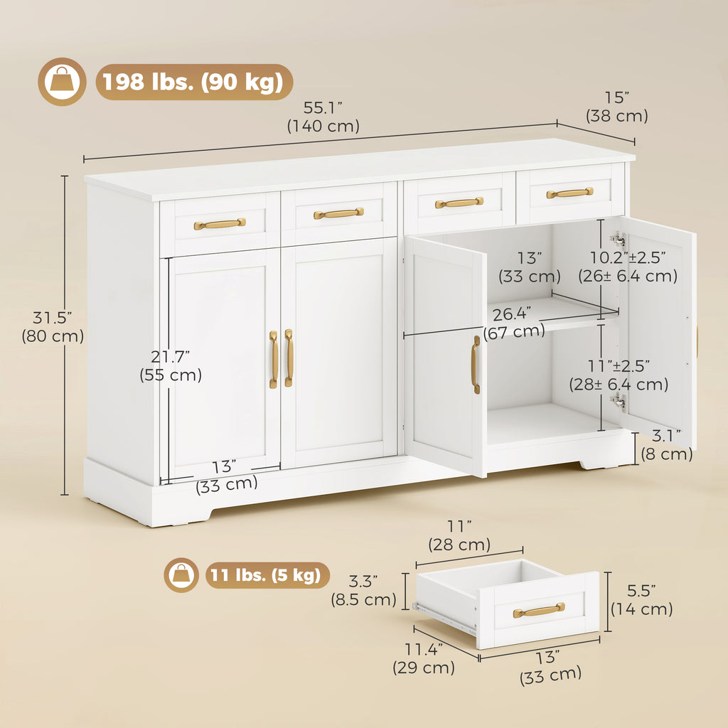 Sideboard Buffet Cabinet, 55" Modern Farmhouse Kitchen Storage Cabinet with 4 Drawers, 4 Doors and 2 Adjustable Shelves