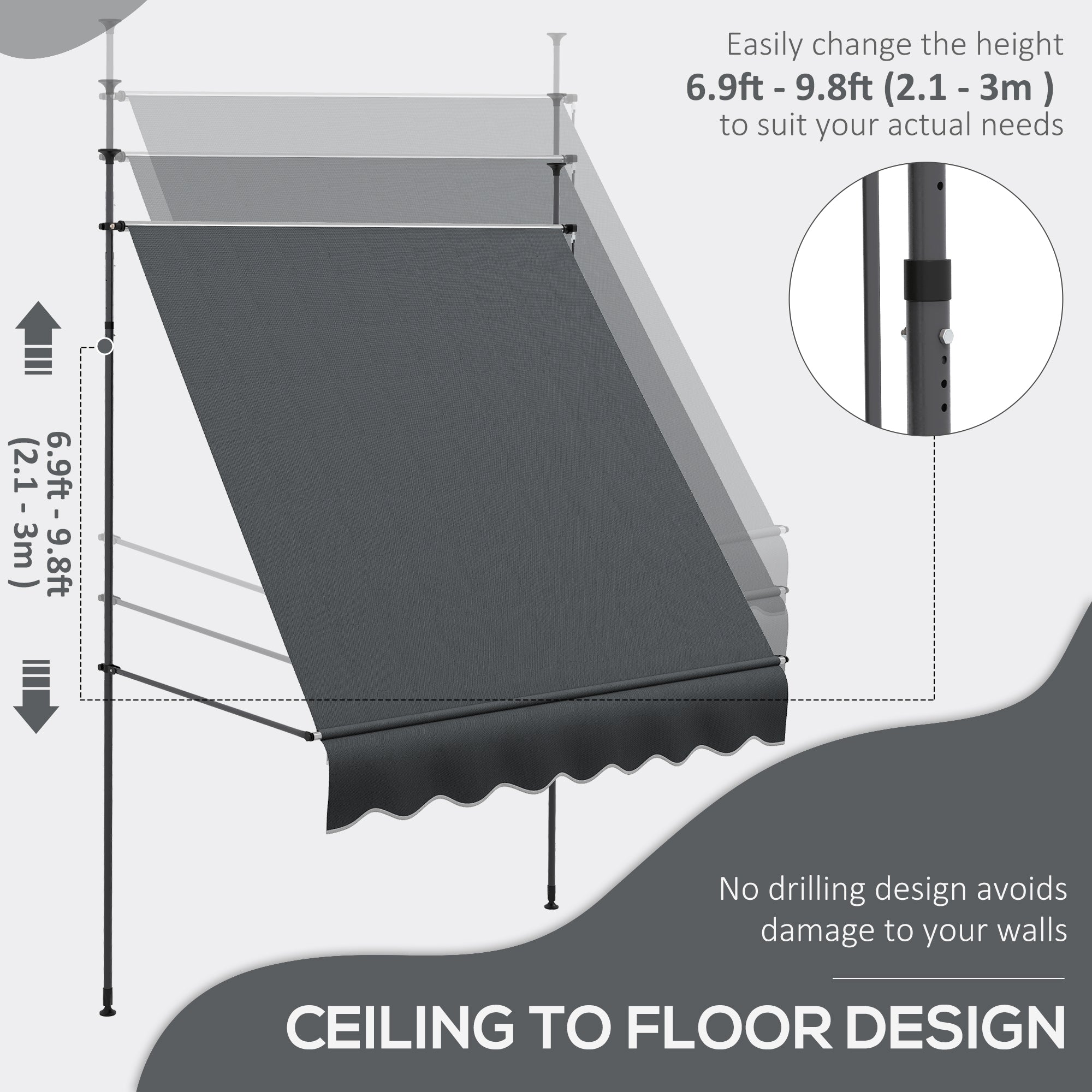 6.5' x 4' Manual Retractable Awning, Non-Screw Freestanding Patio Awning, UV Resistant, for Window or Door, Dark Grey