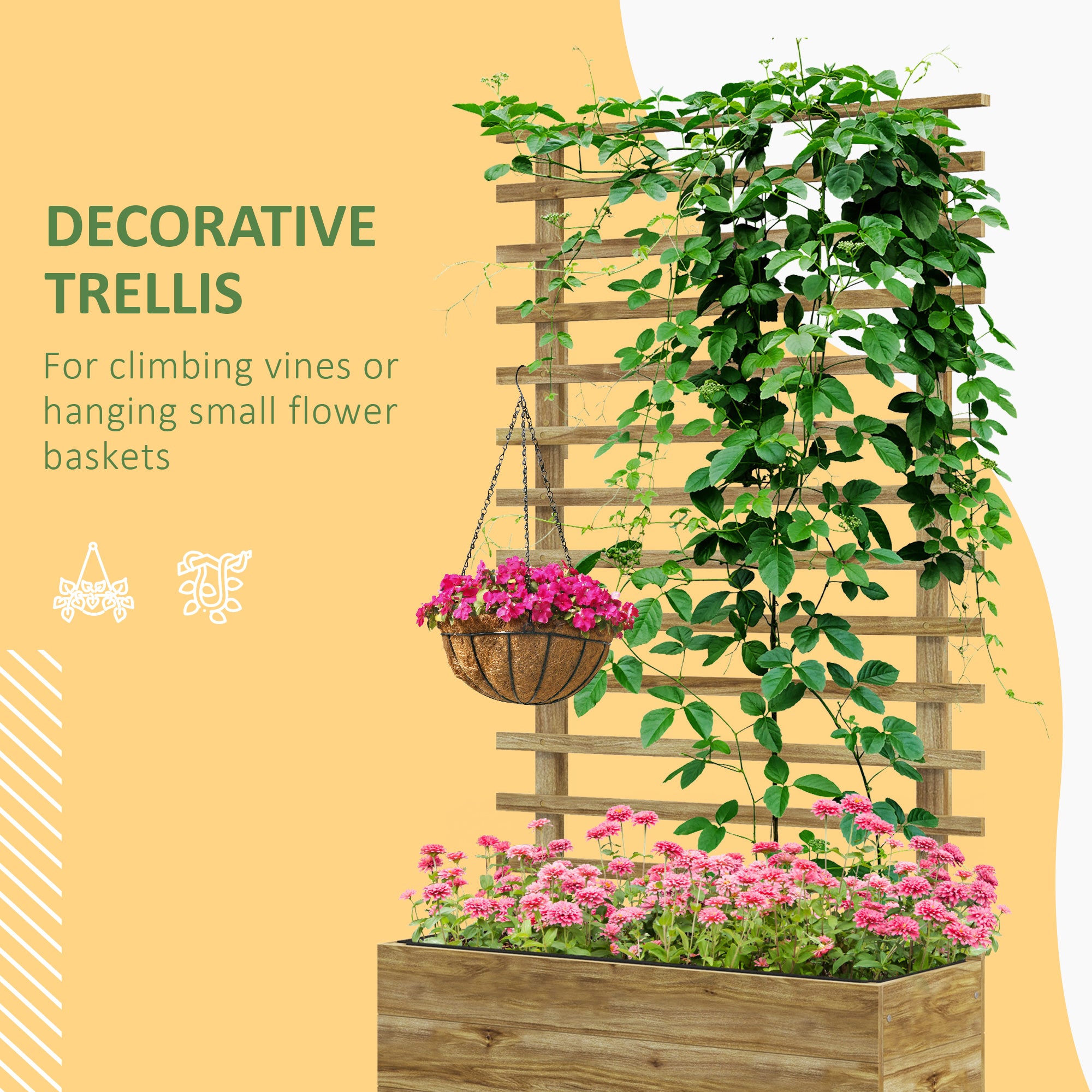 Wooden Planter with Trellis, Raised Garden Bed with 4 Wheels for Climbing Plants, 30" x 12" x 61", Nature Wood