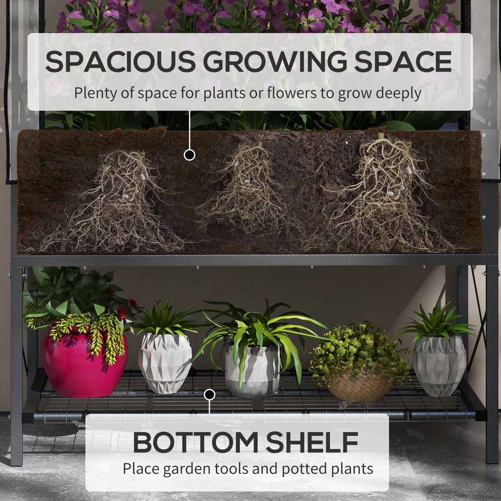 Raised Garden Bed with Cover, Metal Elevated Planter Box with Bottom Shelf and Liner, Black