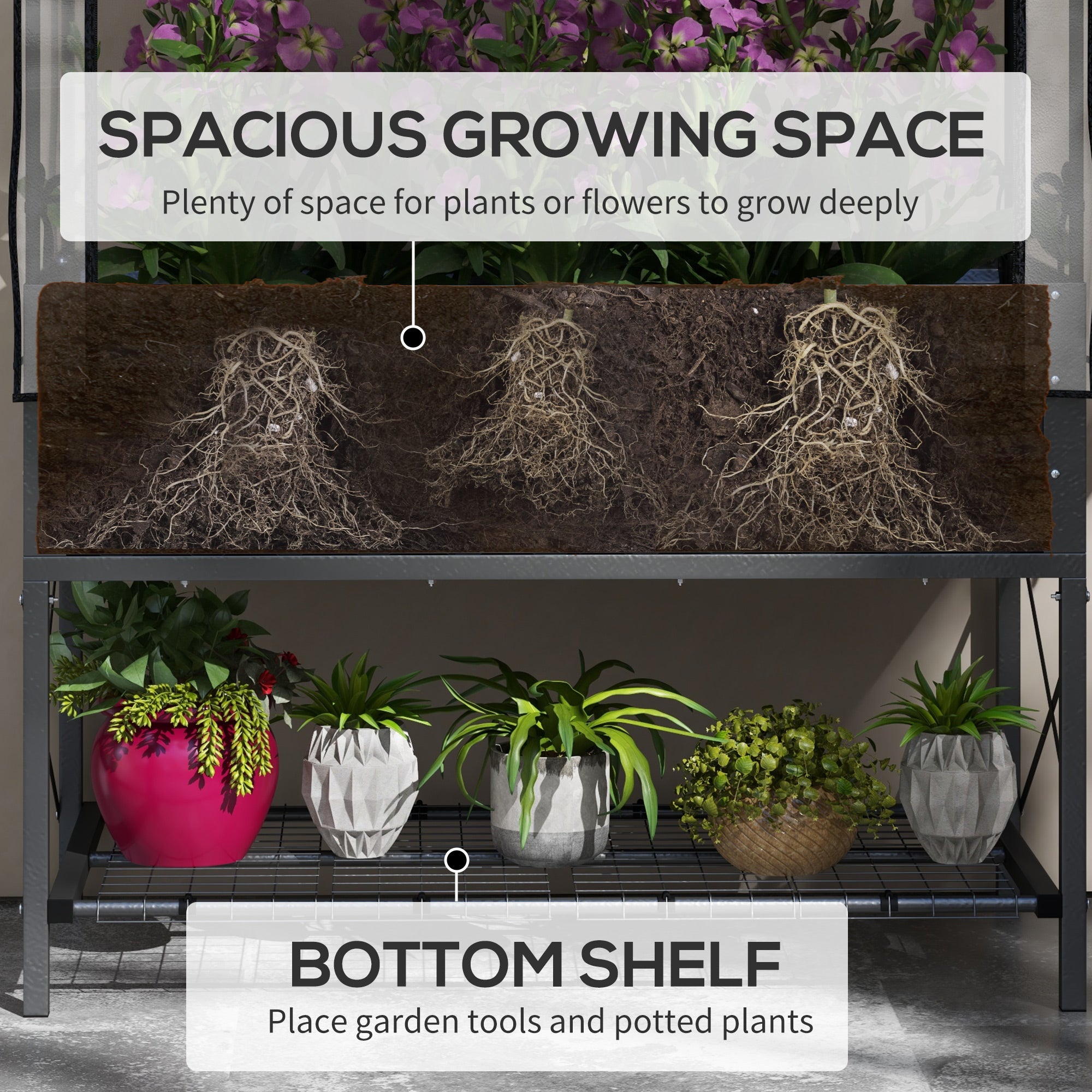 Raised Garden Bed with Cover, Metal Elevated Planter Box with Bottom Shelf and Liner, Black