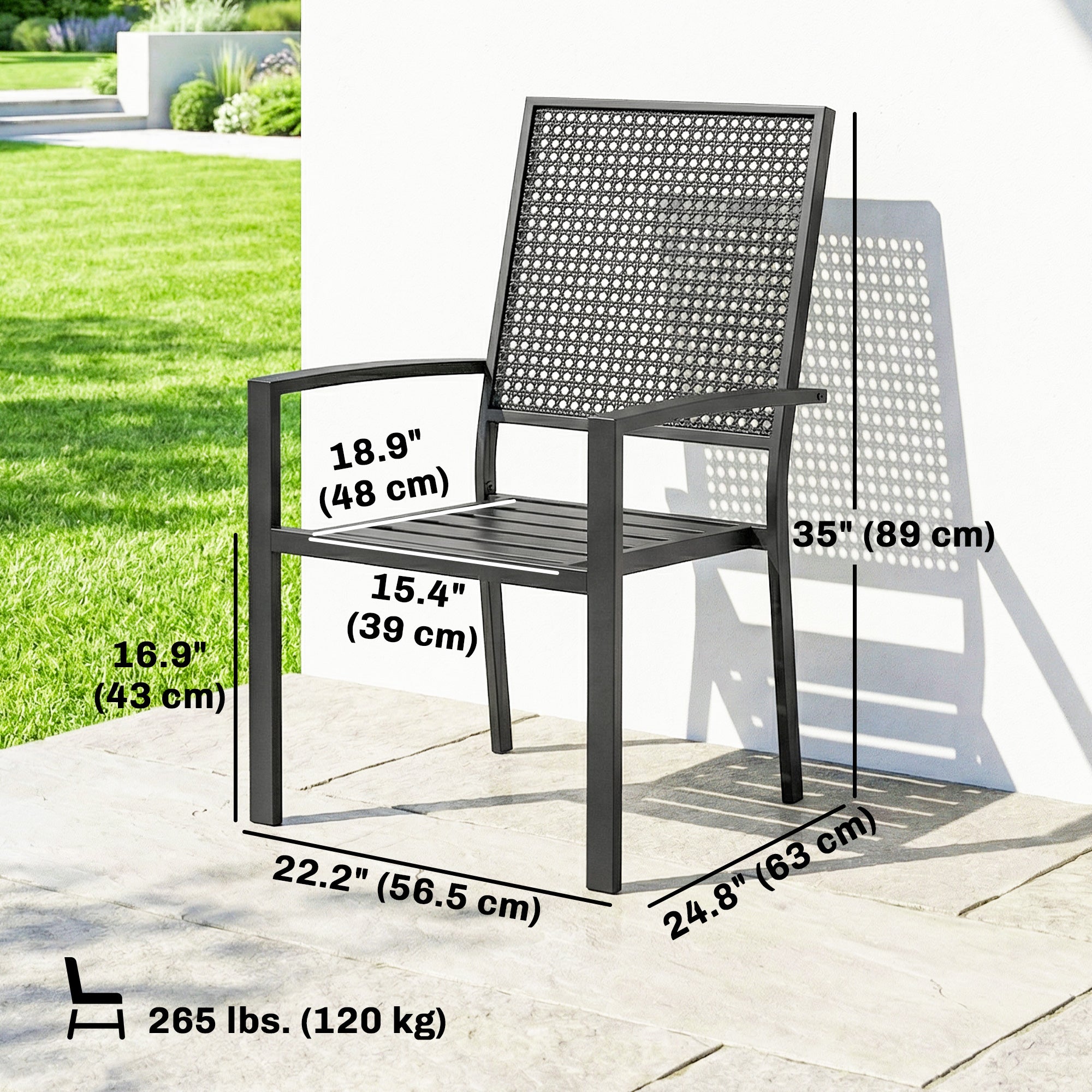 Stackable Patio Chairs Set of 2, Outdoor Dining Chairs with Faux Wicker Steel Mesh Back, Slatted Seat, Armrests, Black