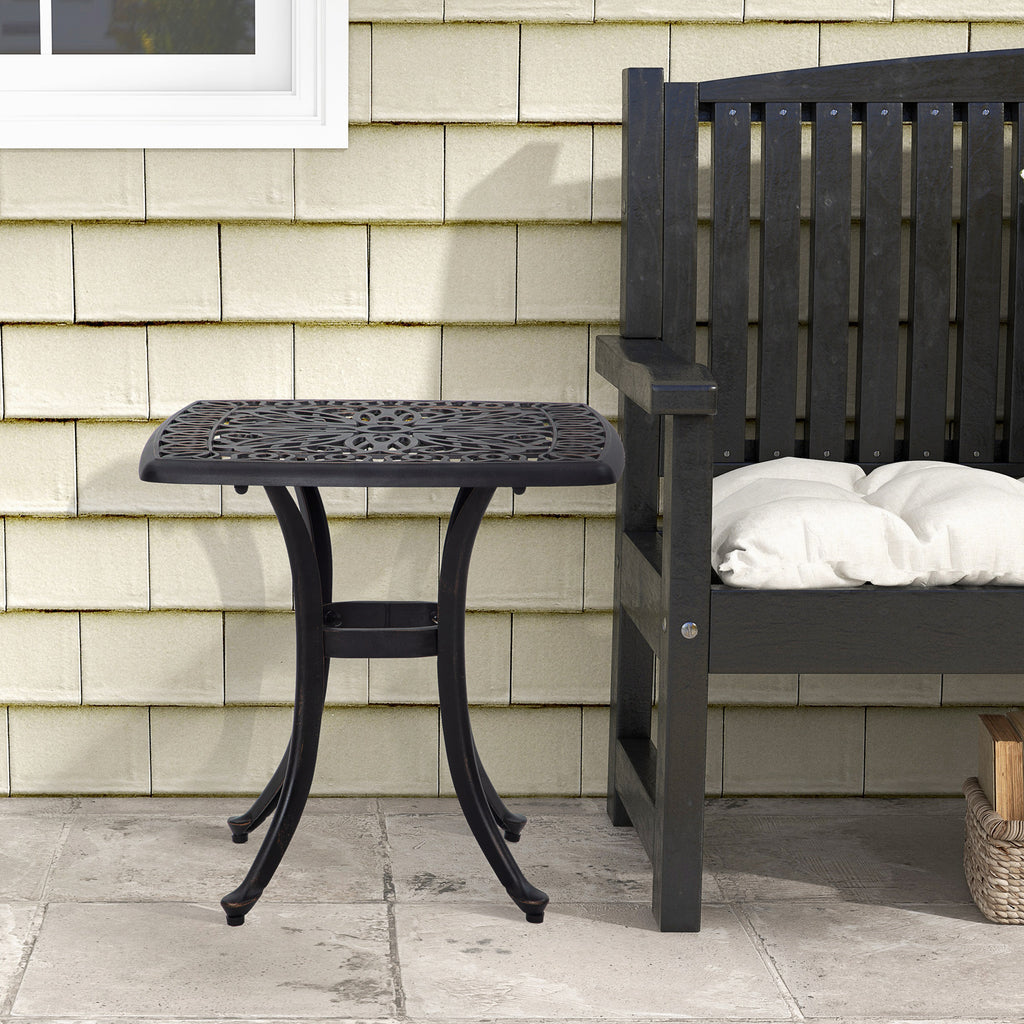 21" Square Outdoor End Table, Cast Aluminum Patio Side Table with Umbrella Hole for Garden, Balcony, Poolside, Bronze