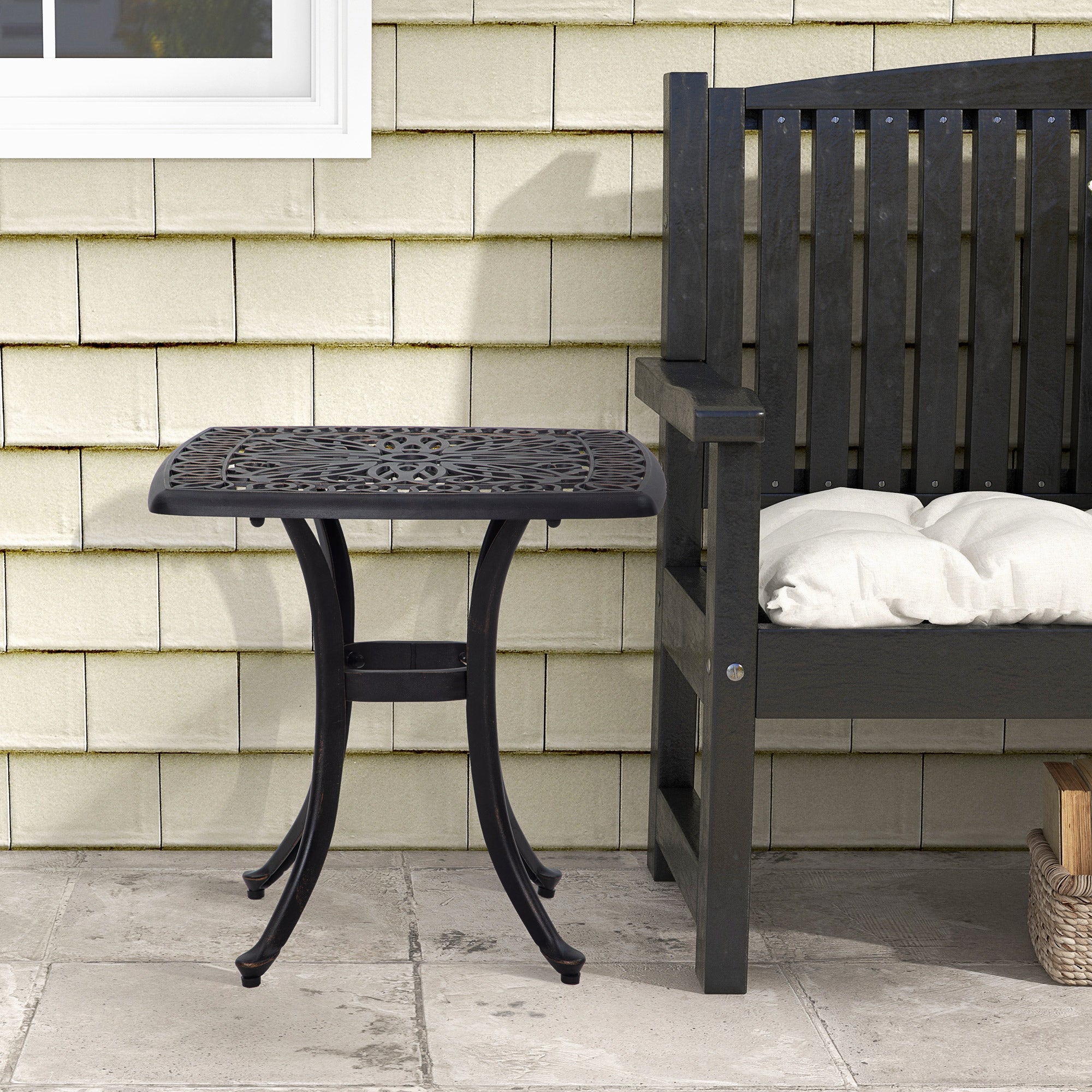 21" Square Outdoor End Table, Cast Aluminum Patio Side Table with Umbrella Hole for Garden, Balcony, Poolside, Bronze