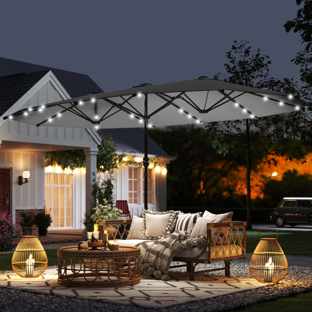 173" Double-Sided Sun Umbrella Garden Parasol Patio Sun Shade Outdoor with LED Solar Light, No Base Included, Dark Gre