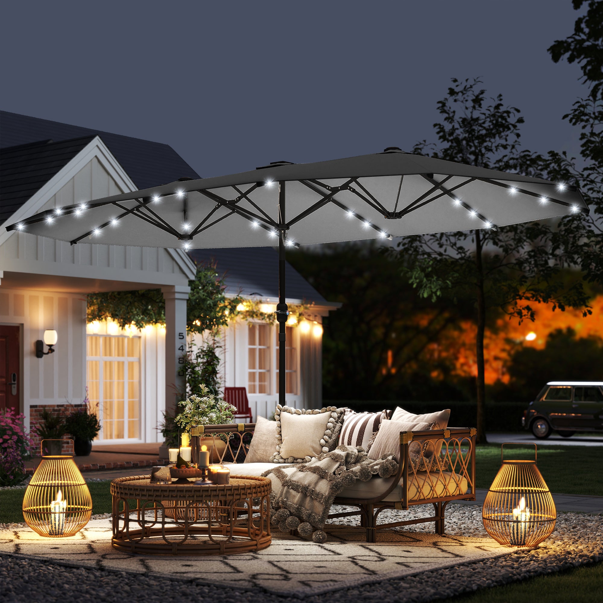 173" Double-Sided Sun Umbrella Garden Parasol Patio Sun Shade Outdoor with LED Solar Light, No Base Included, Dark Gre