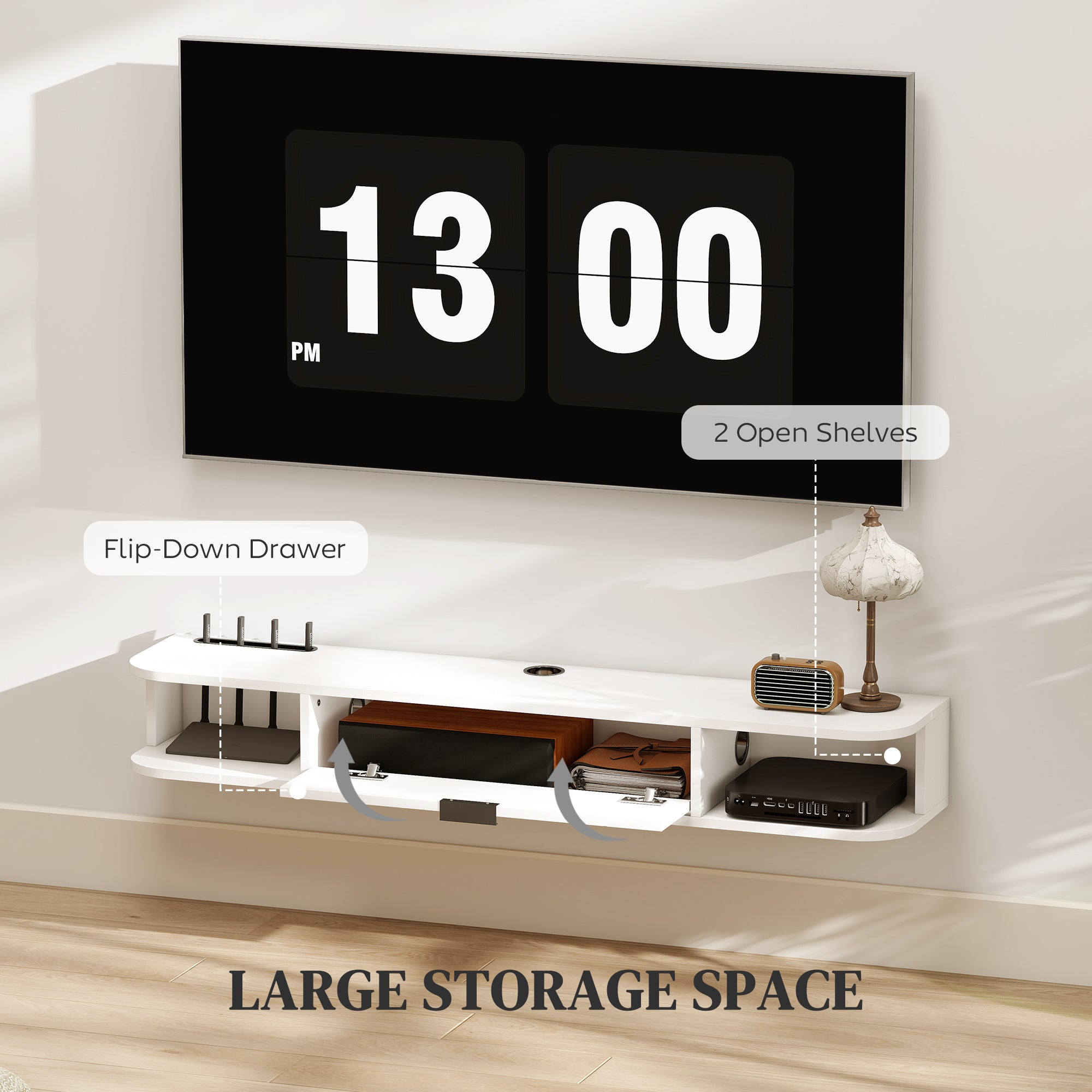 47" Floating TV Stand for TVs up to 50 Inch, Wall Mounted Media Console with Flip Drawer and 2 Open Shelves, White
