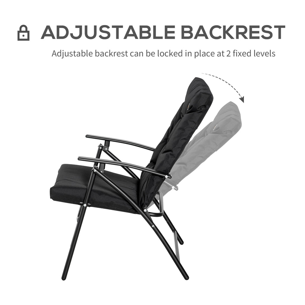 Foldable Lounge Chair, Fabric Upholstered Recliner, Outdoor Lounger with Armrest, Metal Frame for Backyard, Black