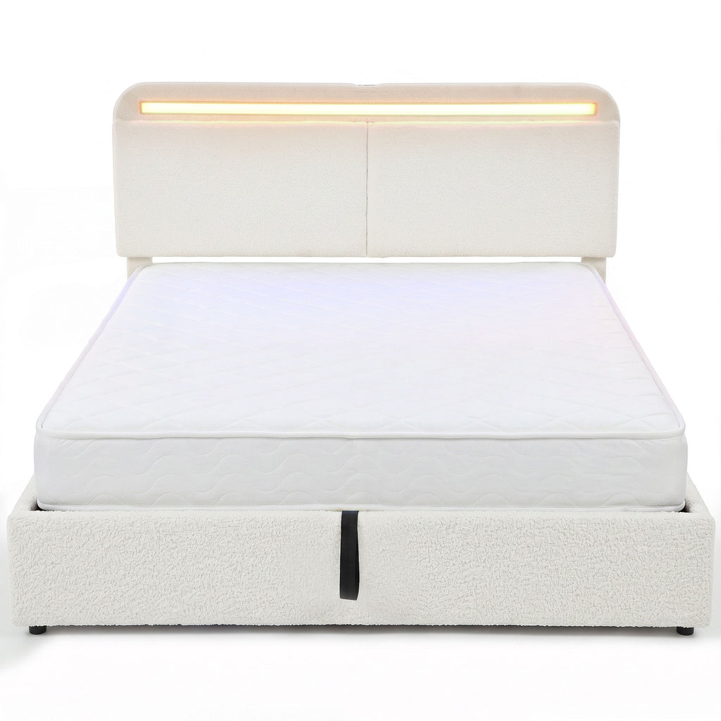 Queen size upholstered bed frame with LED lights and charging station in white