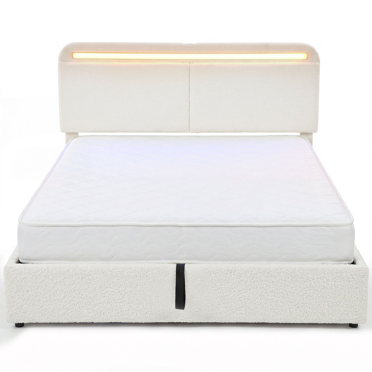 Queen size upholstered bed frame with LED lights and charging station in white