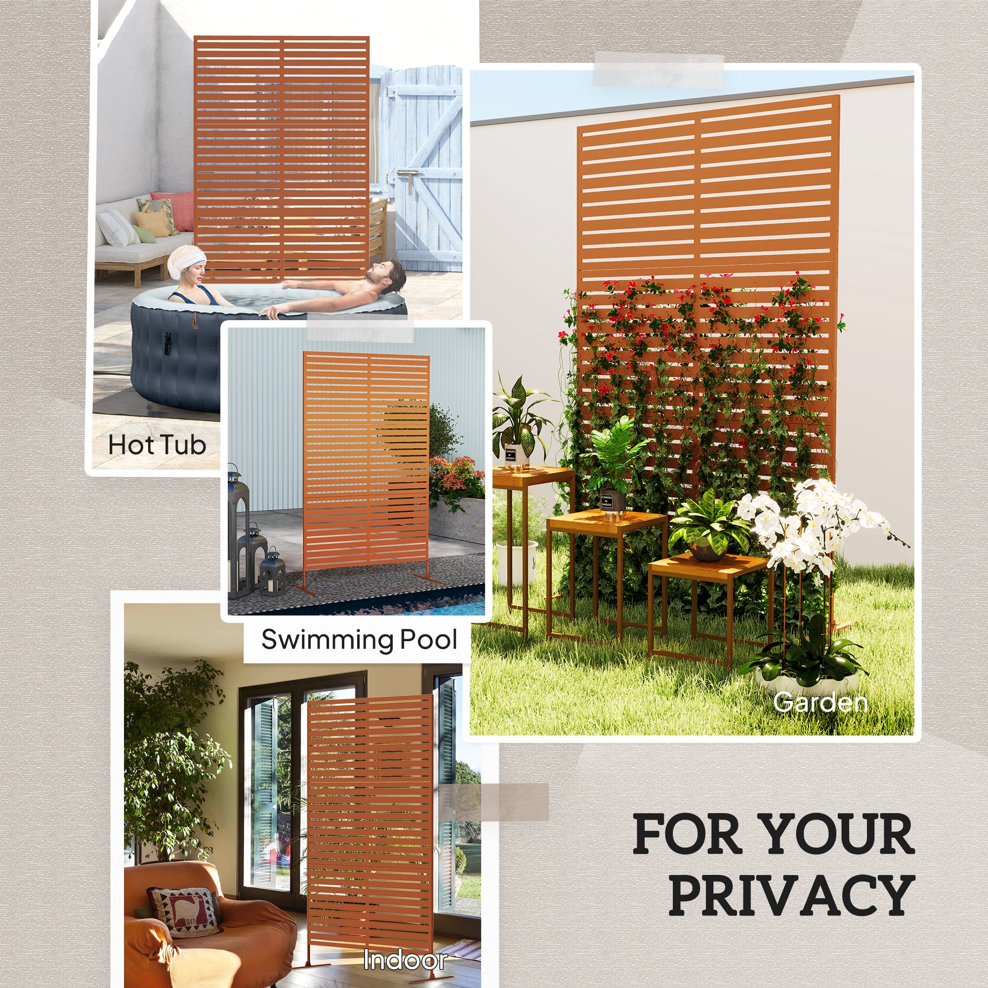 Decorative Outdoor Privacy Panel, Freestanding Metal Outdoor Divider with Stand for Garden, Backyard, Deck, Pool, Brown